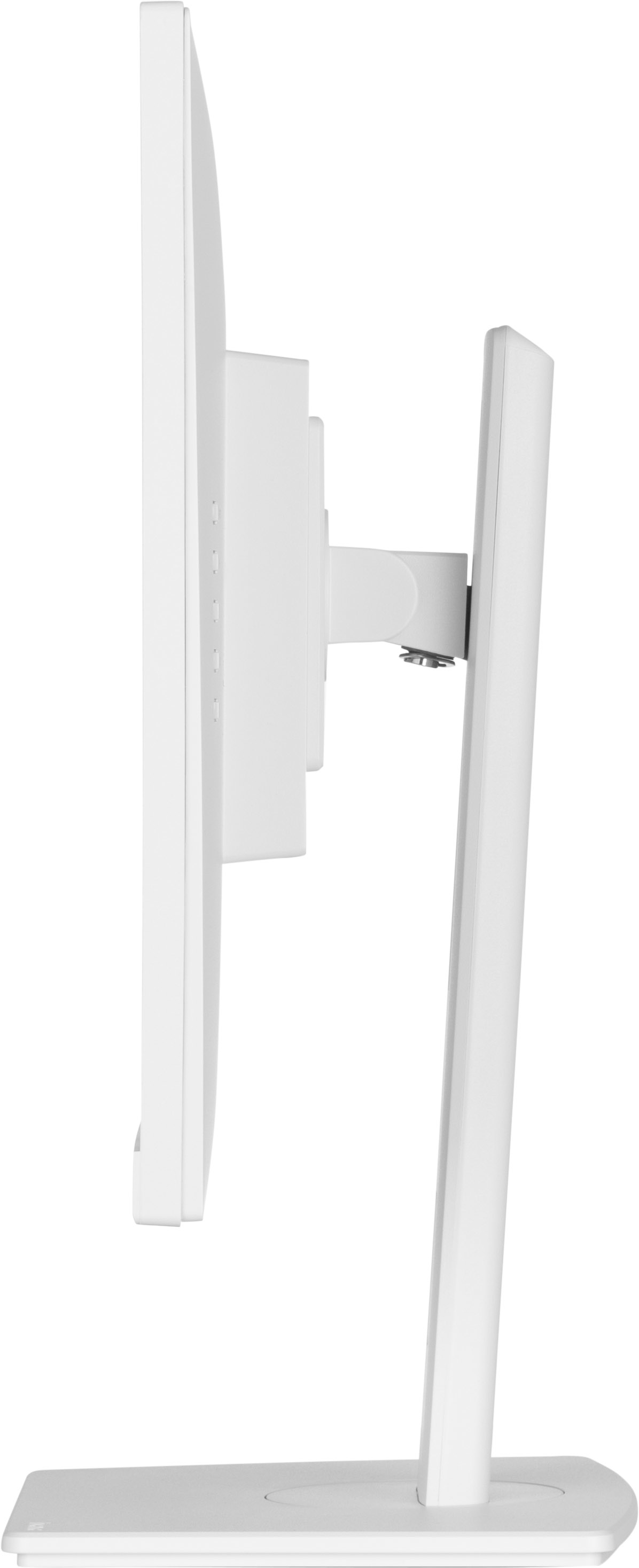Biały monitor komputera z profilu. Ma podstawę, pionową podpórkę i regulowane ramię.