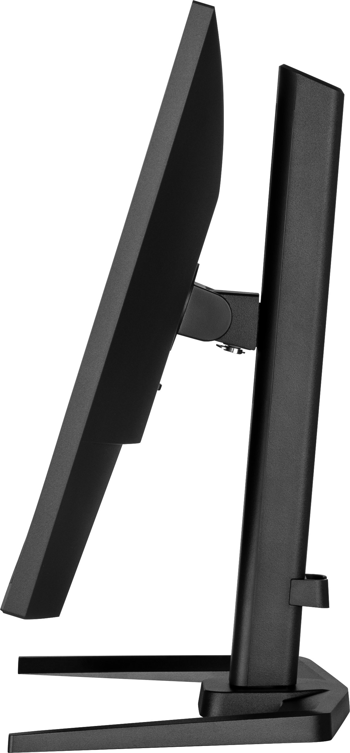 Widok z boku czarnego monitora komputera. Ekran jest pod kątem. Podstawa to czarna, solidna podststawa.