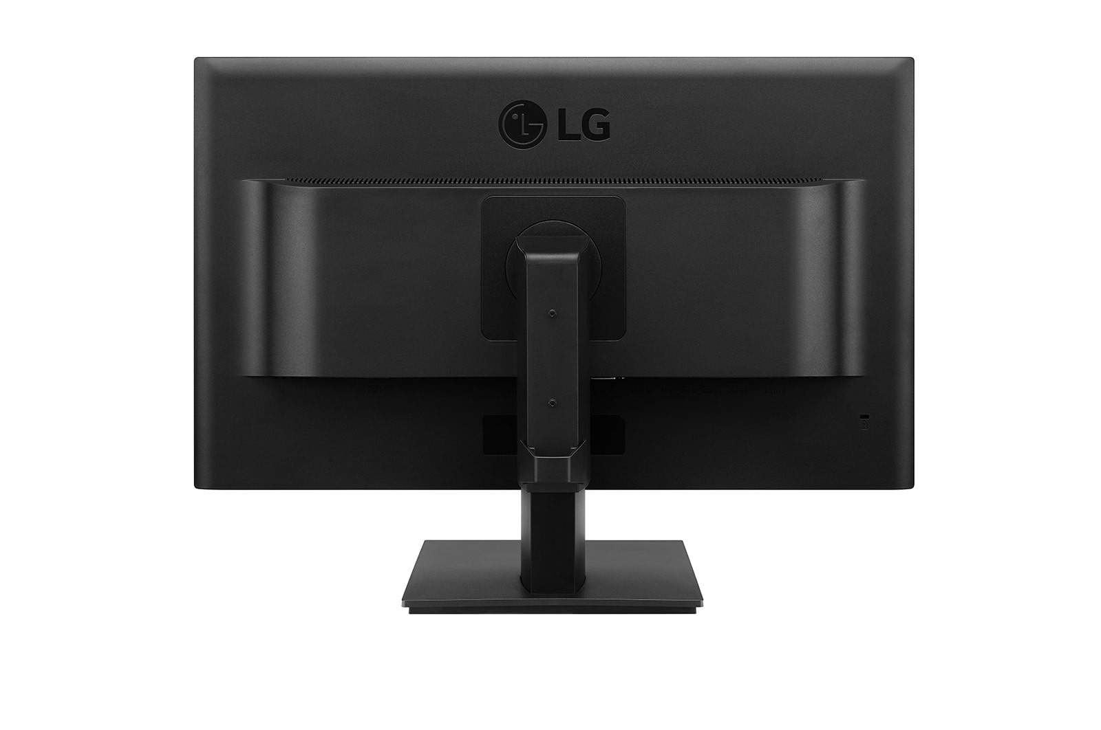 Tył czarnego monitora LG z logo LG u góry. Posiada podstawkę i różne porty.