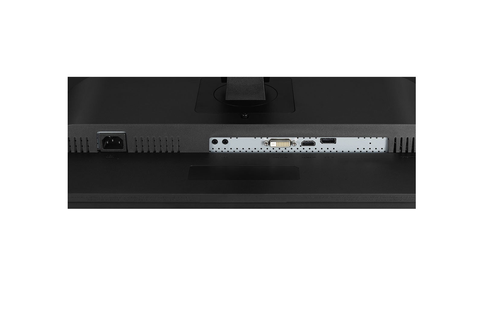 Tył czarnego monitora komputerowego. Widoczne wejście zasilania, różne porty, jak DVI i HDMI, oraz wspornik montażowy.