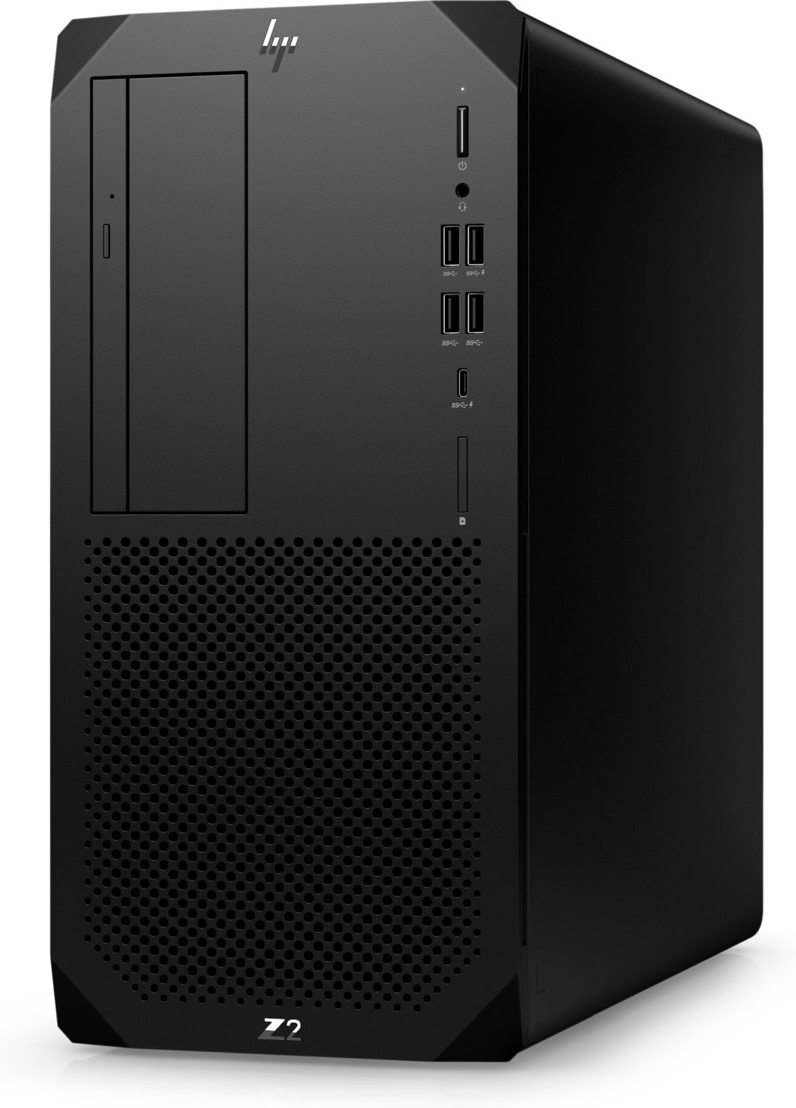 Ein schwarzer HP Z2 Desktop-Computer. Er hat eine Frontplatte mit Anschlüssen und einen perforierten unteren Bereich.