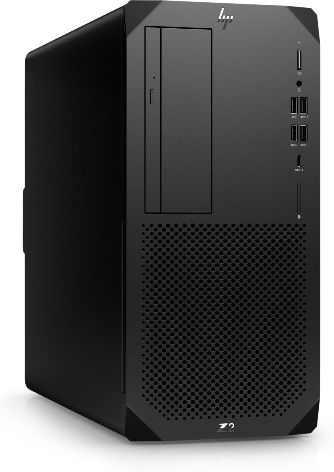 Schwarzer HP Z2 Workstation-Desktop-Computer. Merkmale Frontplatte mit Lüftungsschlitzen, Anschlüssen und Netzschalter.