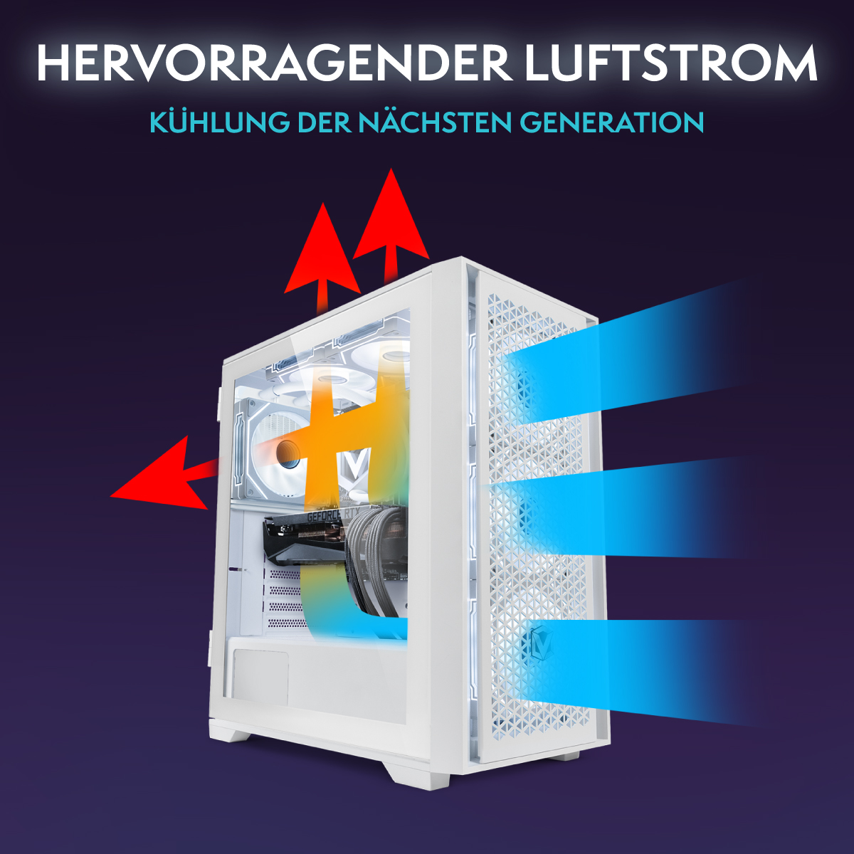Ein weißes Computergehäuse mit Pfeilen, die den Luftstrom anzeigen. Der Text oben lautet 'HERVORRAGENDER LUFSTROM' und 'KÜHLUNG DER NÄCHSTEN GENERATION'.