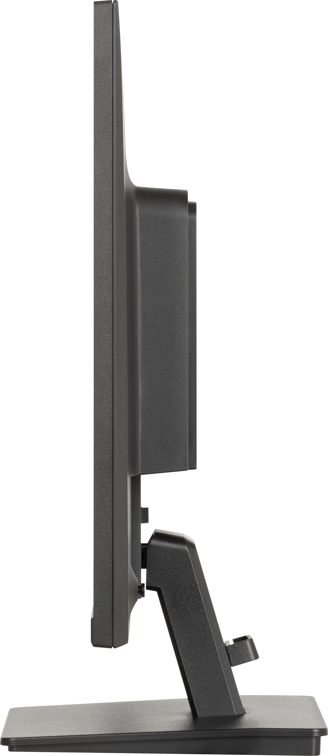 Widok z boku czarnego monitora komputera. Ma podstawkę i grubą ramkę. Tło jest białe.
