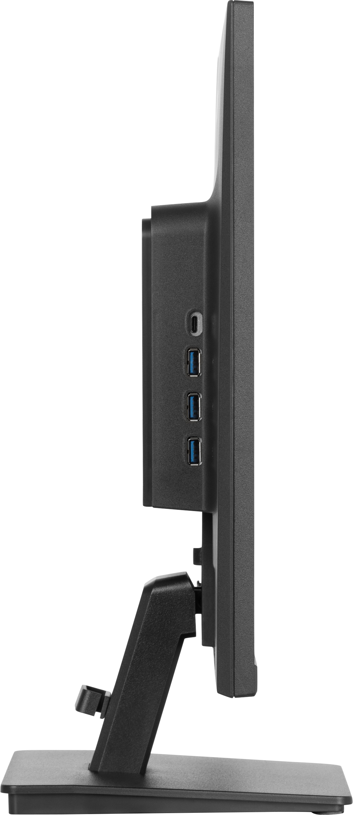Widok z boku czarnego monitora komputera. Ma podstawkę, porty USB i wejście zasilania. Ekran jest czarny.