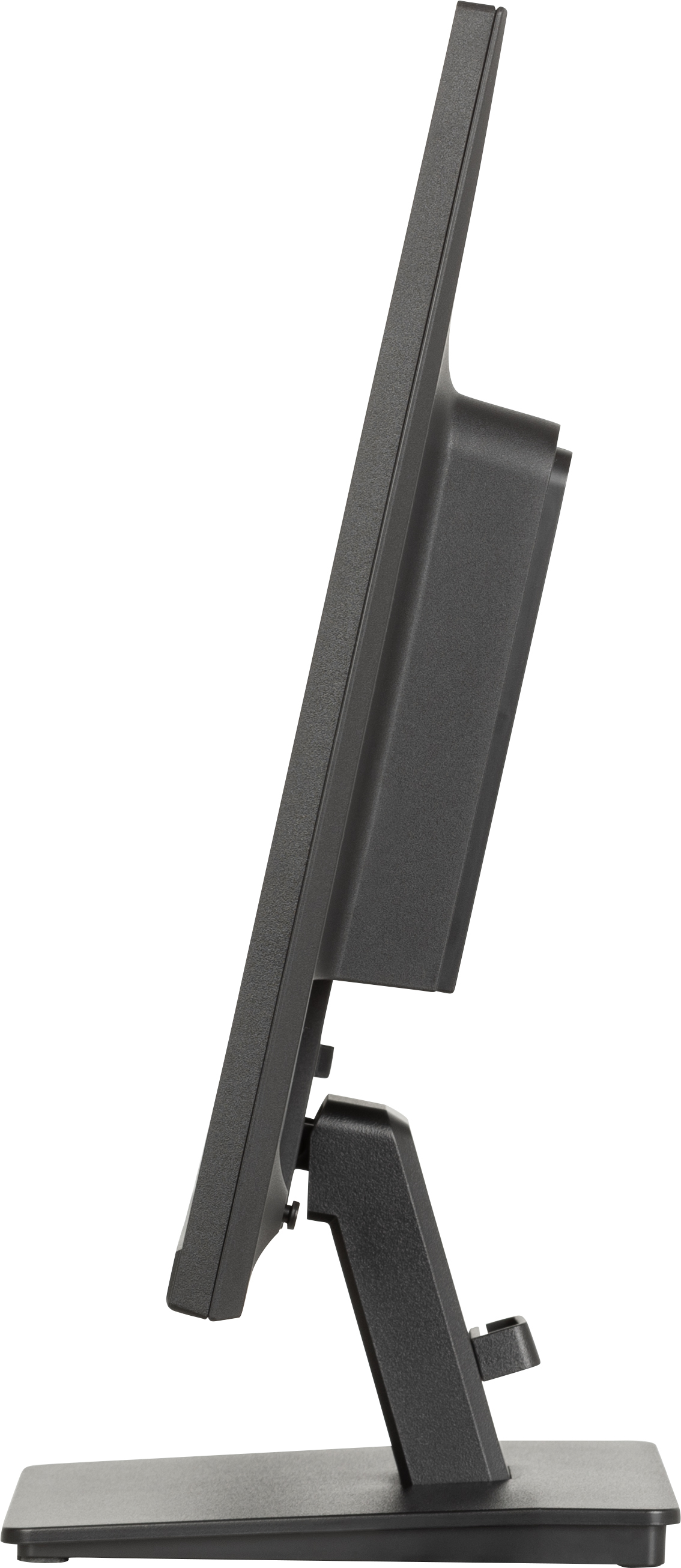 Widok z boku czarnego monitora komputera, lekko pochylonego. Monitor stoi na czarnym stojaku na białym tle.