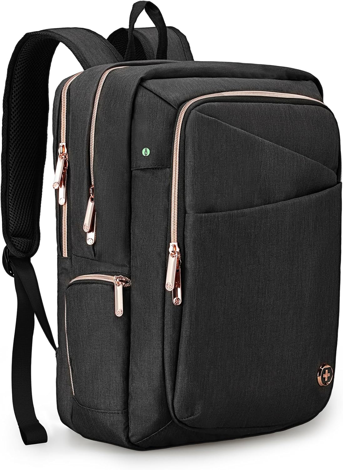 Zaino nero con cerniere color oro rosa. Presenta scomparti multipli, maniglia superiore e spallacci imbottiti.