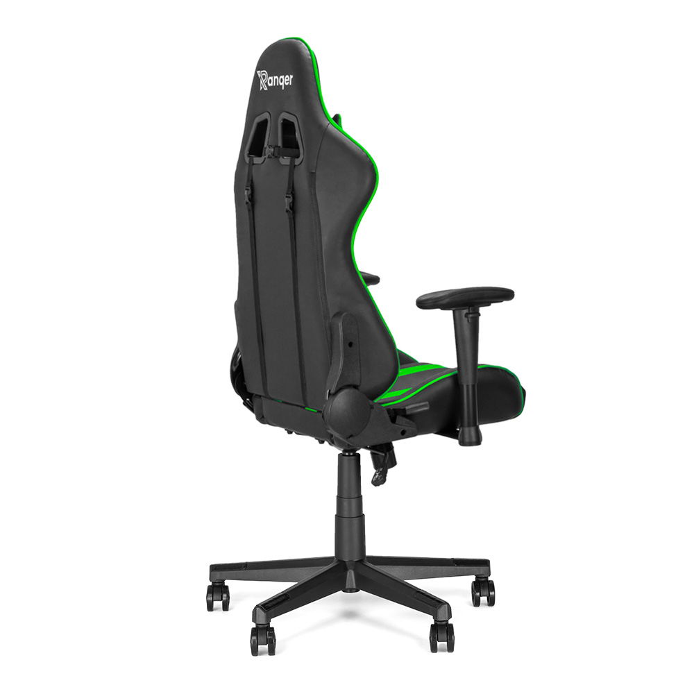 Zwarte en groene gaming stoel. De stoel heeft een hoge rugleuning, armleuningen en wielen. Het Ranger-logo is zichtbaar.