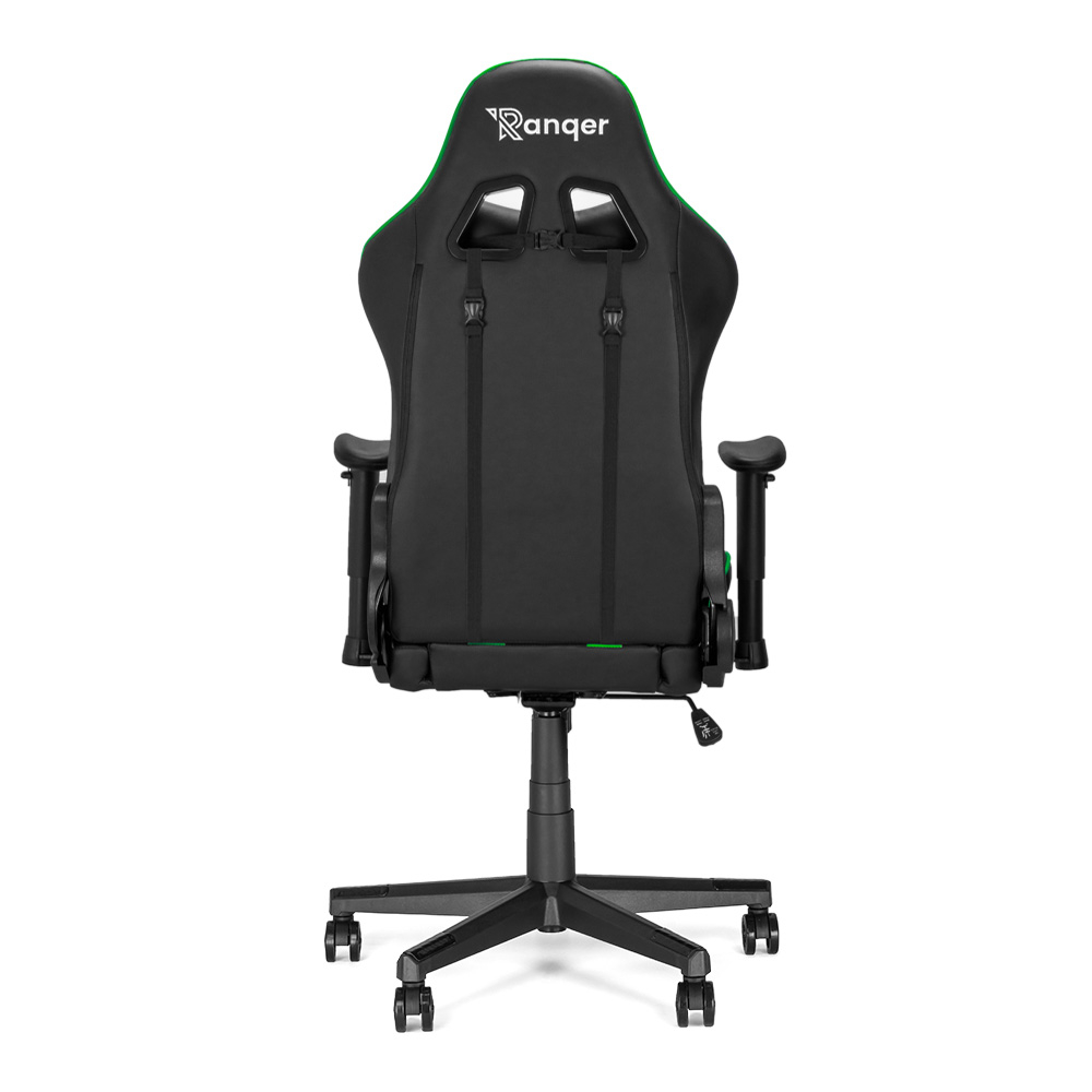 Zwarte gamingstoel met groene accenten, Ranger-logo, achteraanzicht. Met armleuningen, een vijfsterrenvoet en wielen op witte achtergrond.