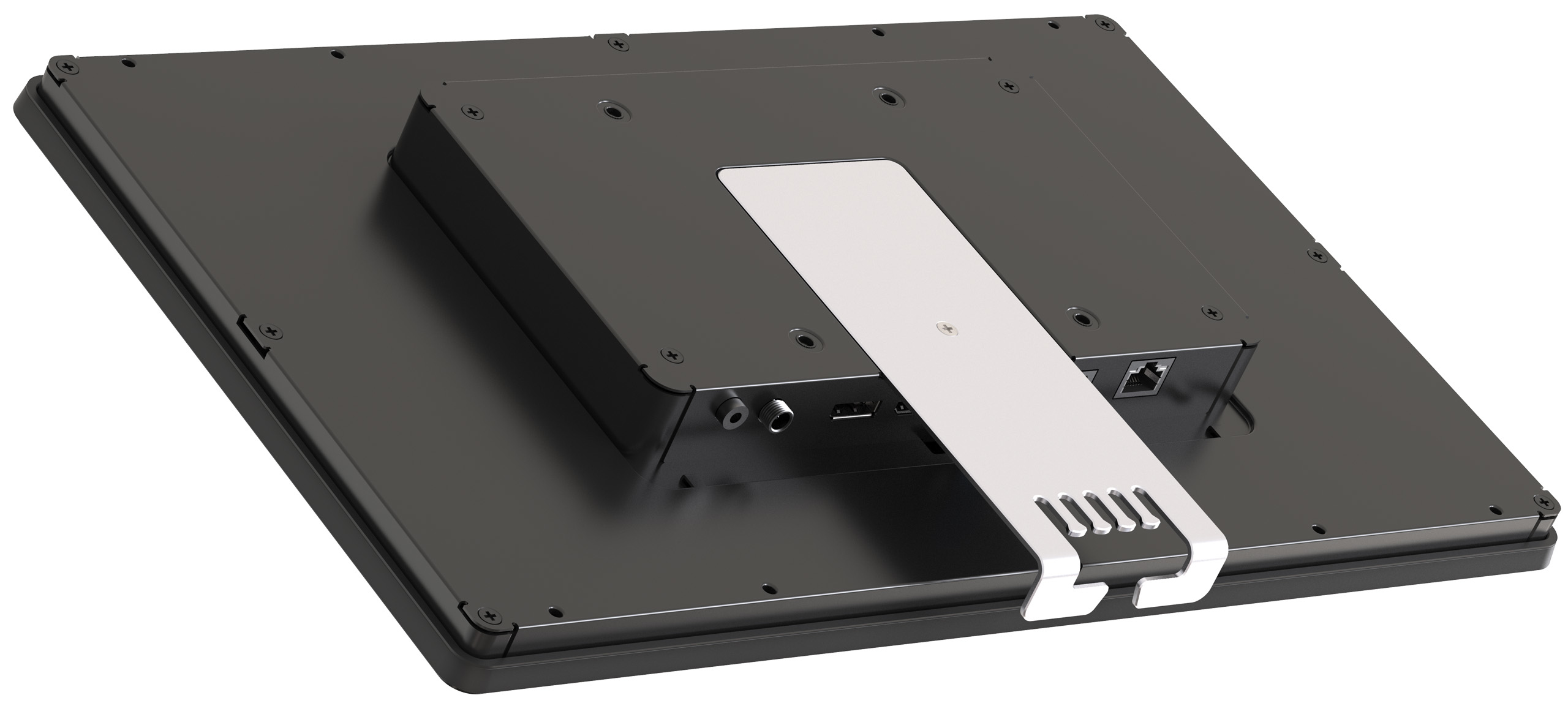 Czarne urządzenie ze srebrną podstawką. Widoczne porty: audio, USB i Ethernet. Śruby mocują panel urządzenia.