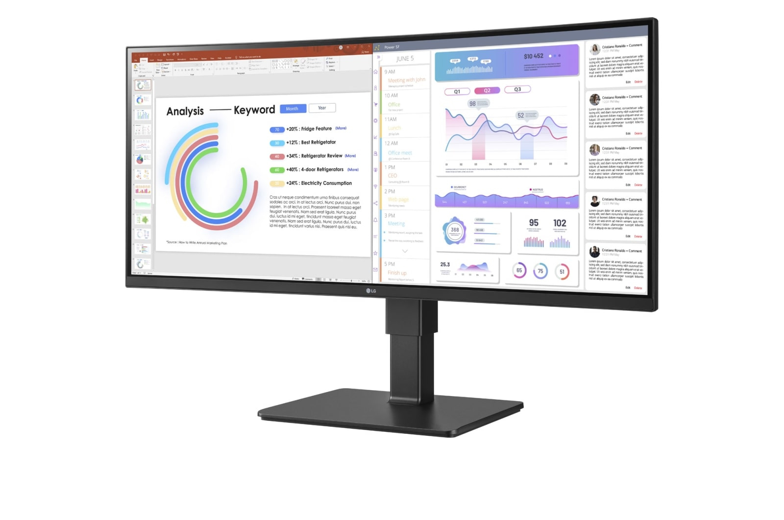Un doppio monitor mostra grafici, tabelle e testo. Un lato mostra i dati di analisi; l'altro, un programma e commenti.
