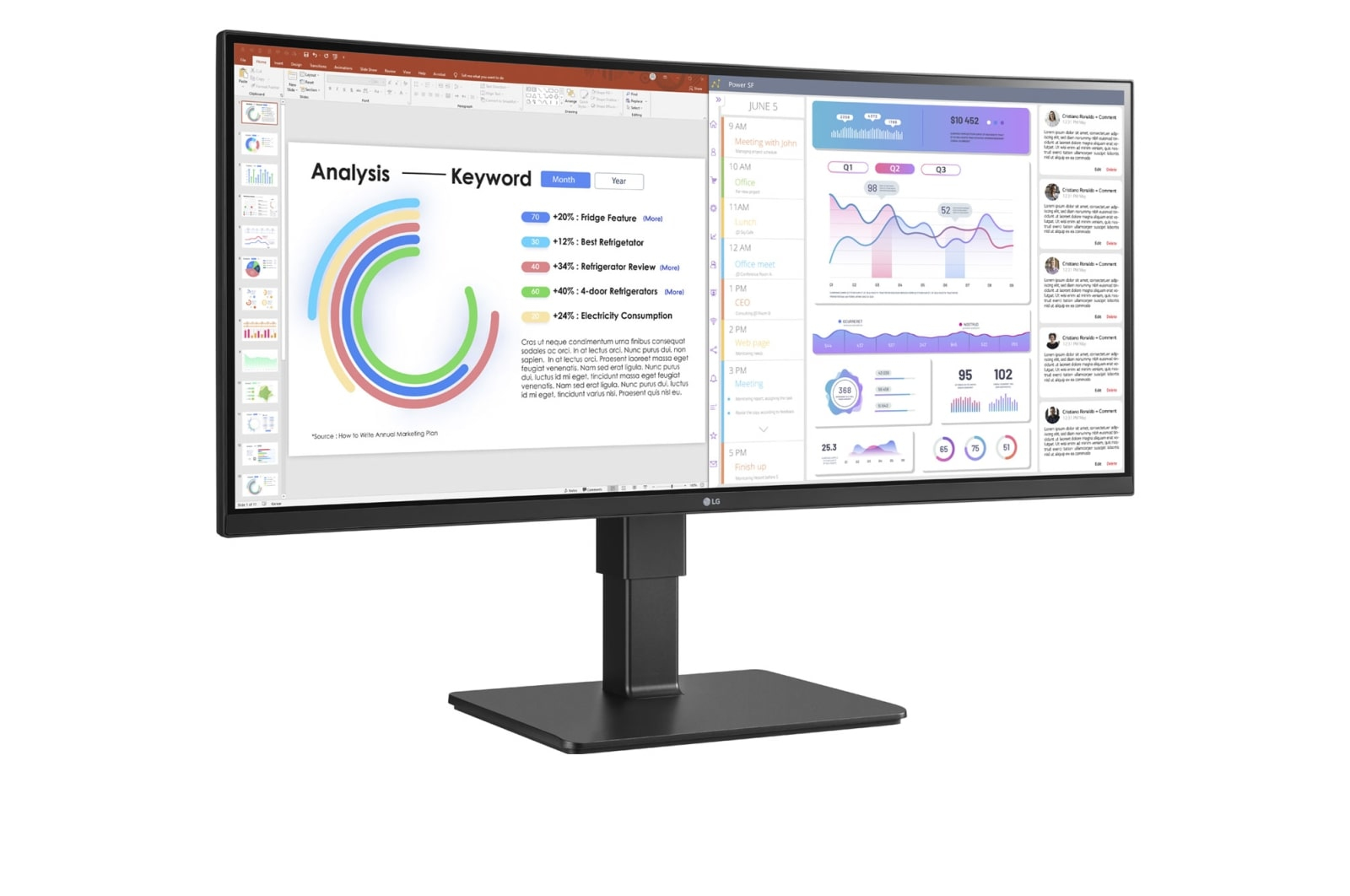 Un grande monitor di computer visualizza grafici di analisi dei dati e un calendario. Il monitor è nero con base quadrata.