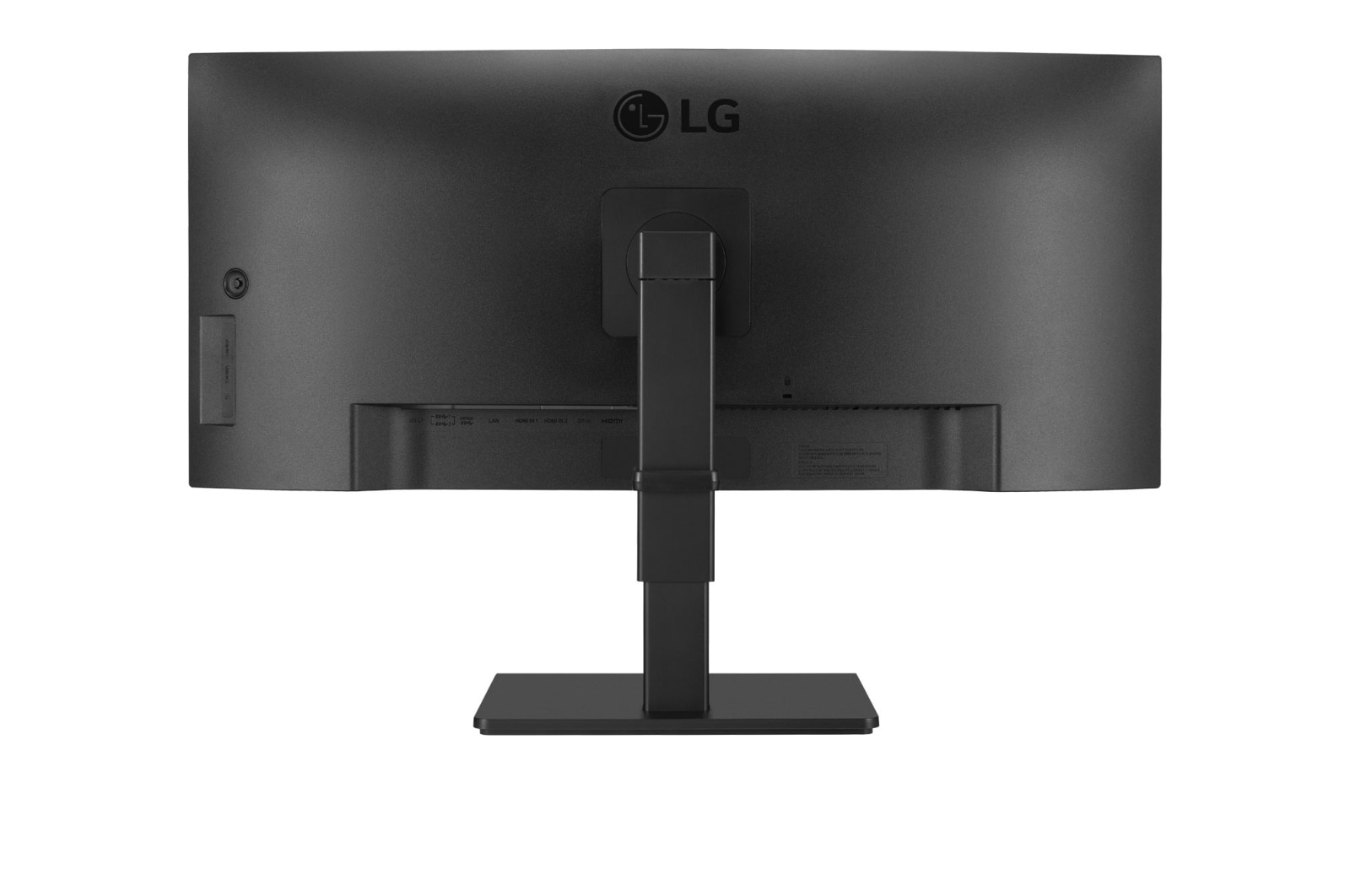 Retro monitor LG nero. Ha un supporto, porte e il logo LG. Il retro del monitor è scuro e ha una finitura opaca.