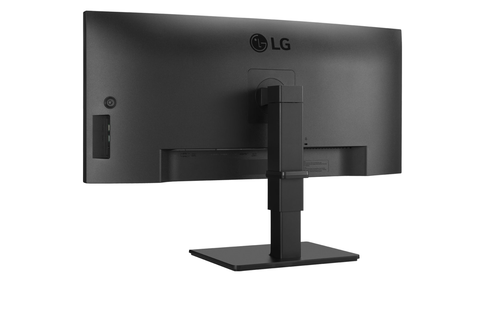 Vista posteriore di un monitor LG nero su un supporto. Il logo LG è visibile. Le porte sono in basso e lateralmente.