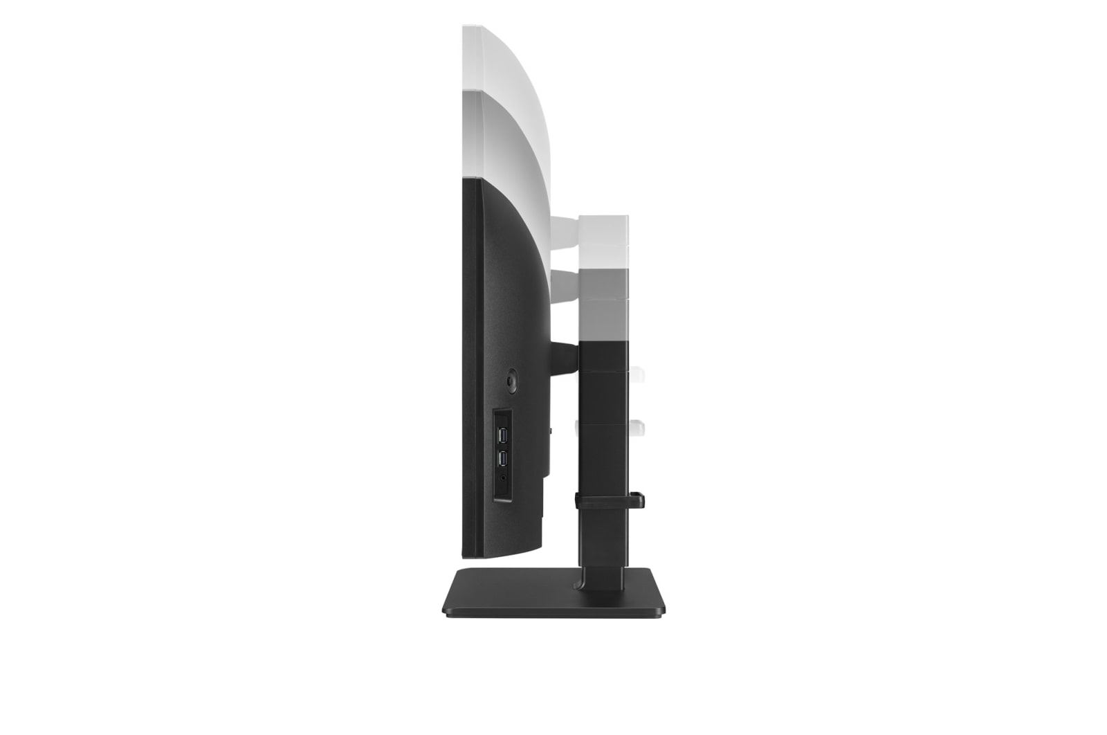 Vista laterale di un monitor nero con supporto. Lo schermo è curvo. Porte visibili sul lato.