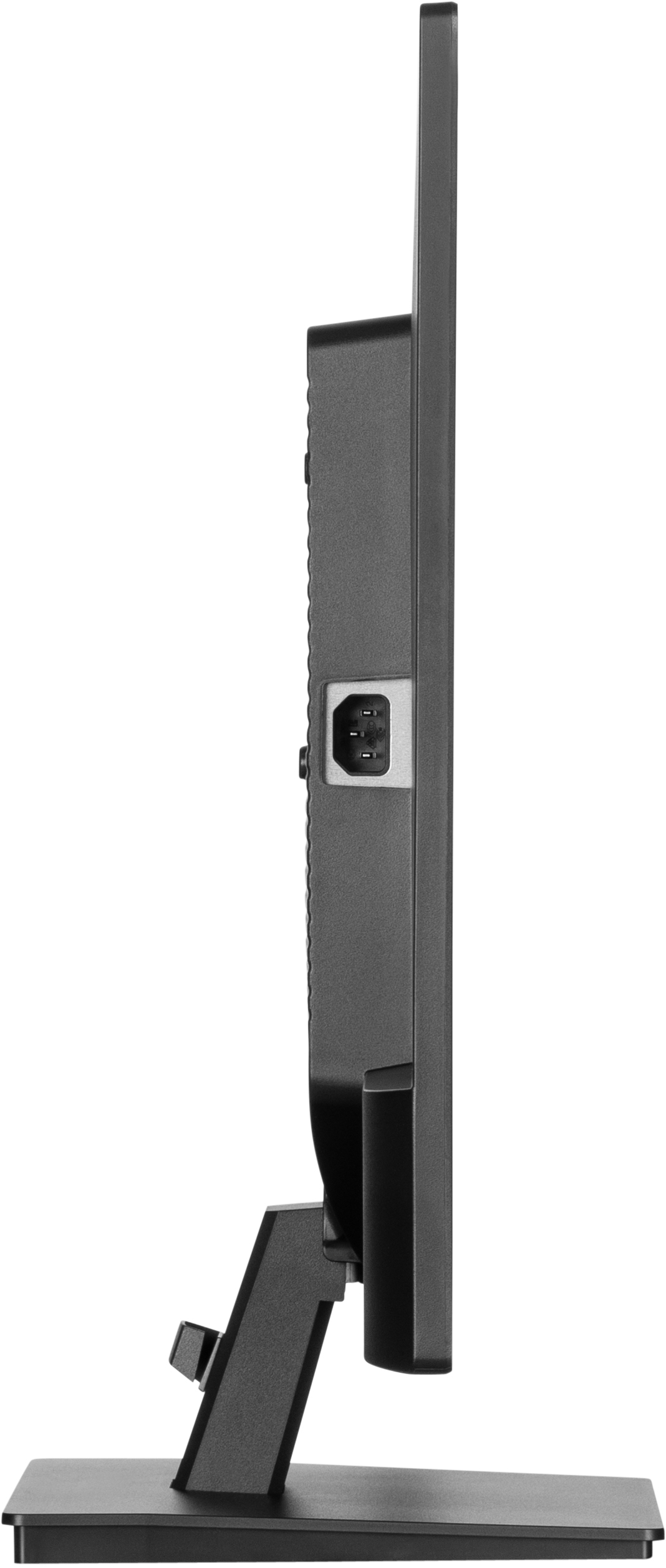 Side view of a black computer monitor. The monitor has a power input and a stand. White background.