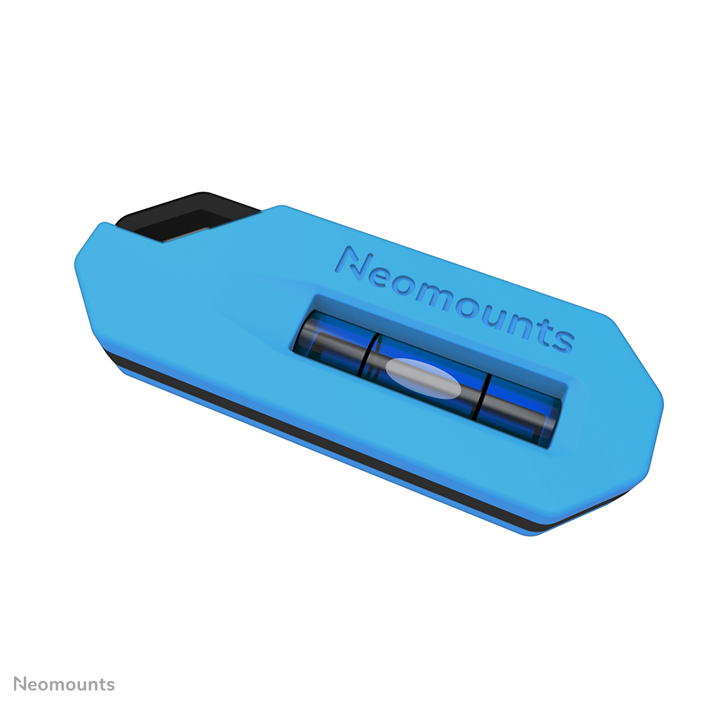 Ein blaues Neomounts-Nivellierwerkzeug. Es hat eine schwarze Oberseite, eine Wasserwaage und das Wort Neomounts.