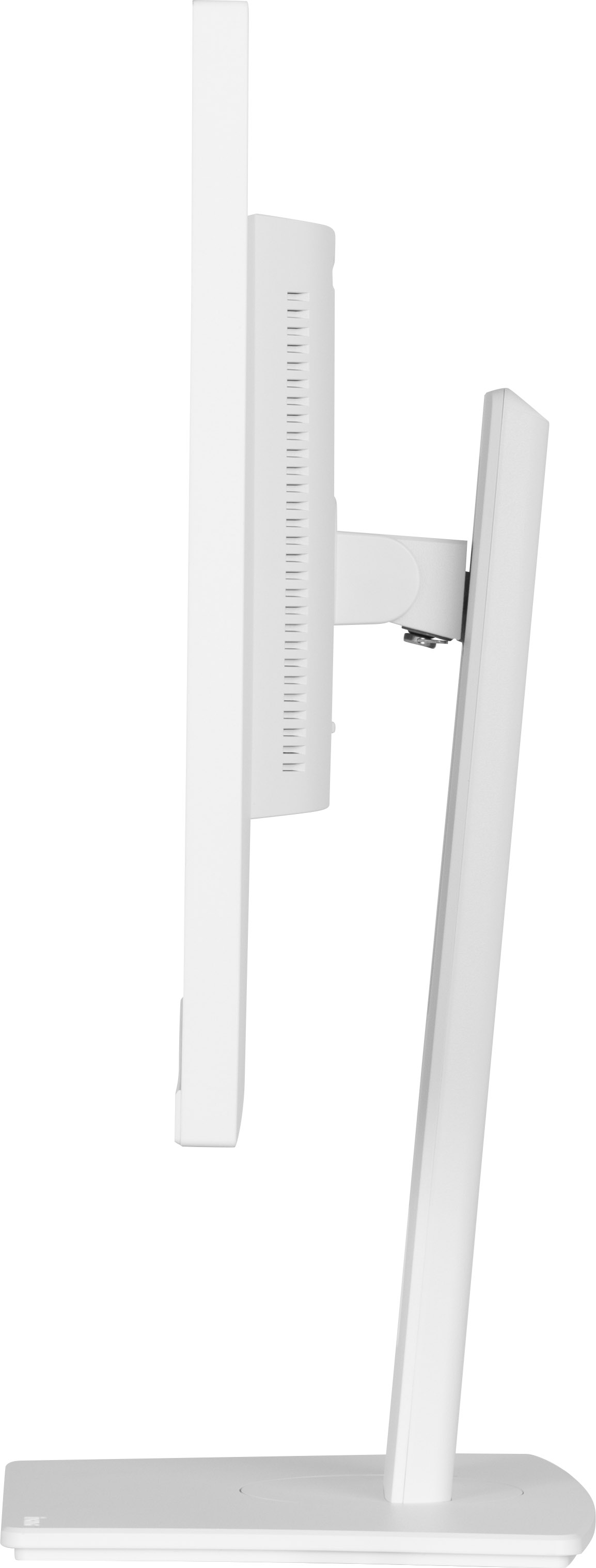 Biały monitor komputera, widziany z boku. Ma prostokątny ekran i podstawę.