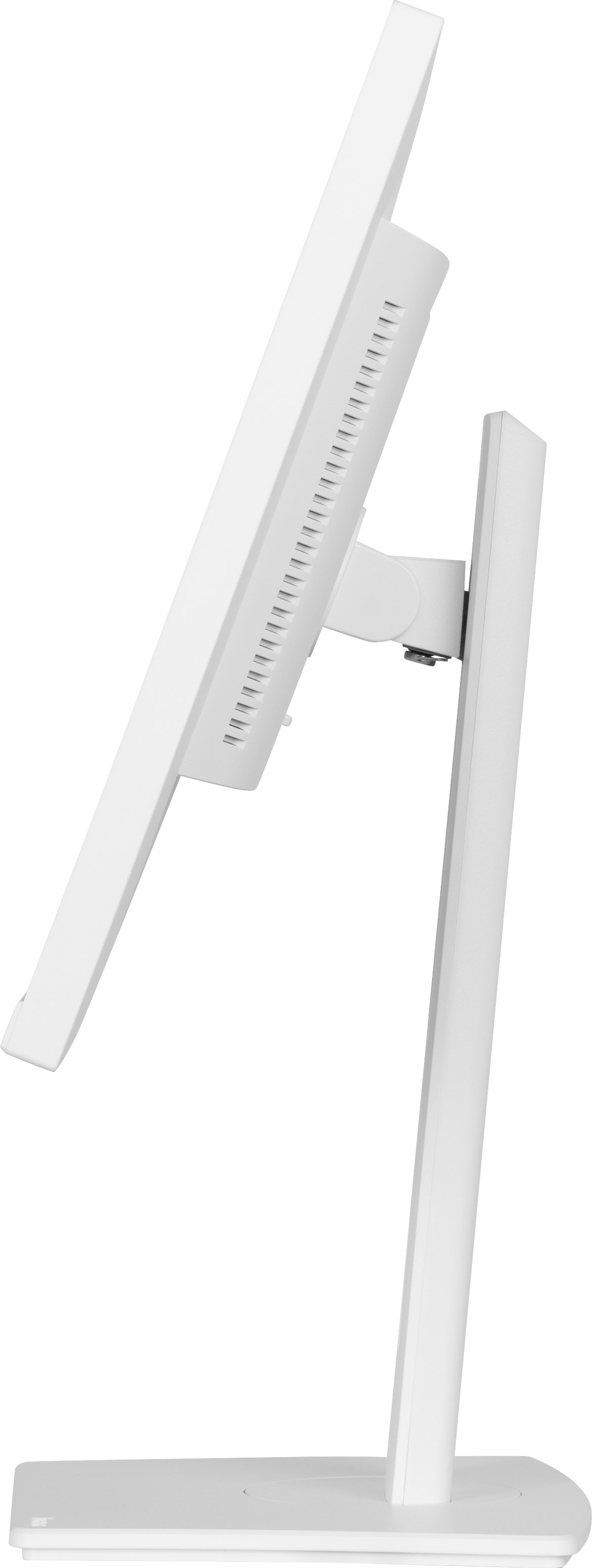 Biały monitor komputera, widok z boku, pod kątem. Pokazuje ekran, stojak i podstawę. Wszystkie elementy są białe.