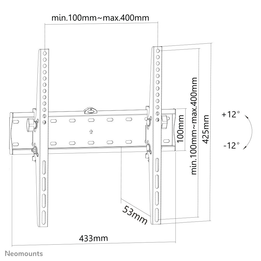 Diagramme d'un support mural TV noir. Les dimensions et les angles sont indiqués. Il comprend des mesures comme 433 mm, 53 mm et 425 mm.