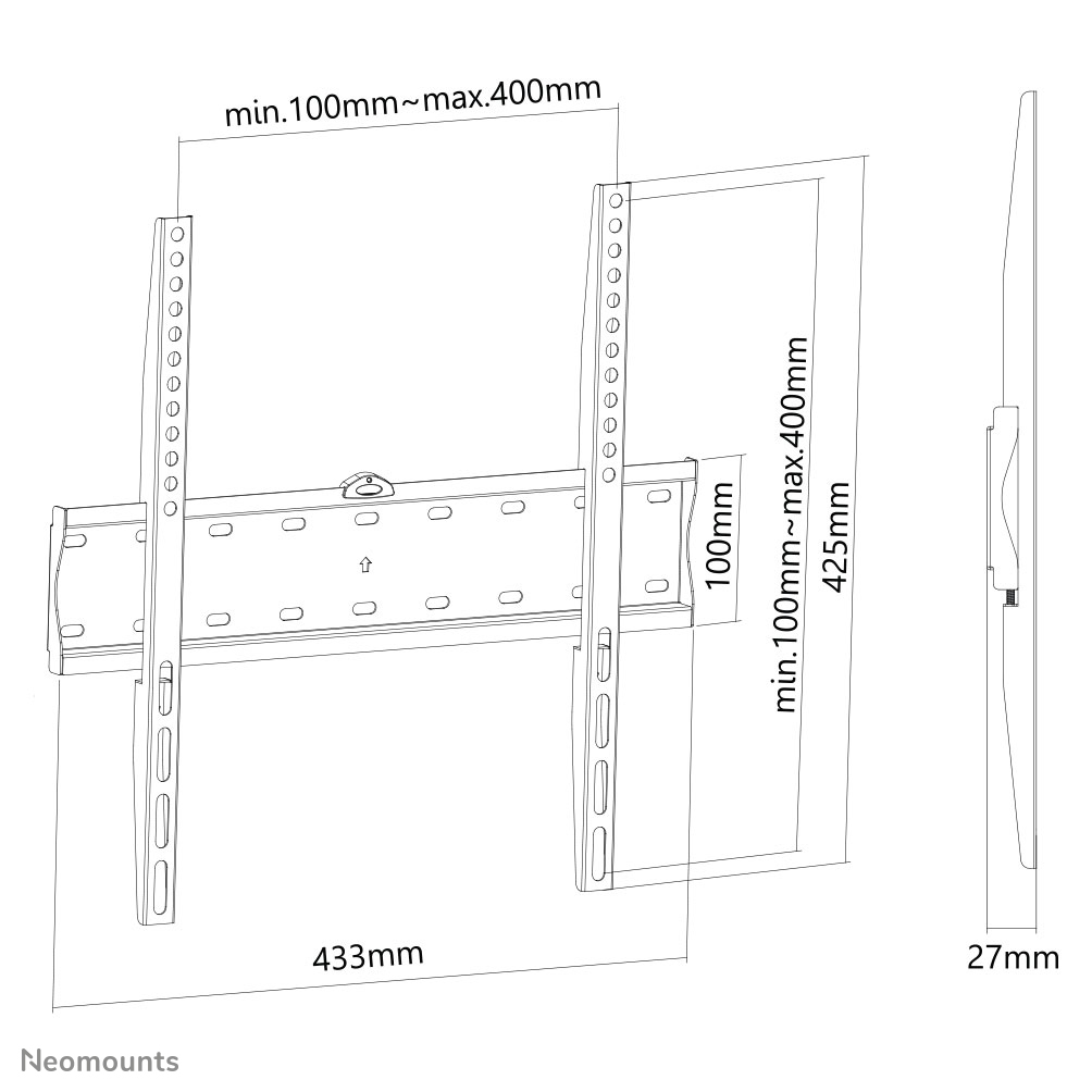 Schéma d'un support mural TV avec dimensions. Montre les vues avant et latérale avec mesures : 433 mm, 27 mm et min. 100 mm à max. 400 mm.