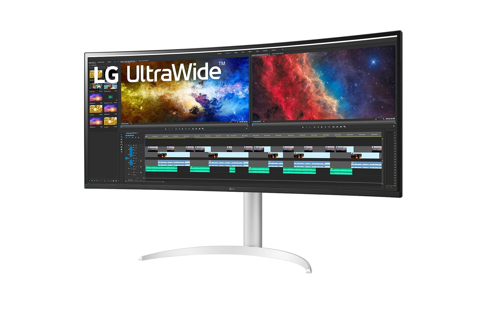 Monitor LG UltraWide wyświetla interfejs oprogramowania do edycji wideo, pokazujący osie czasu i podglądy wideo. Monitor ma białą podstawę.