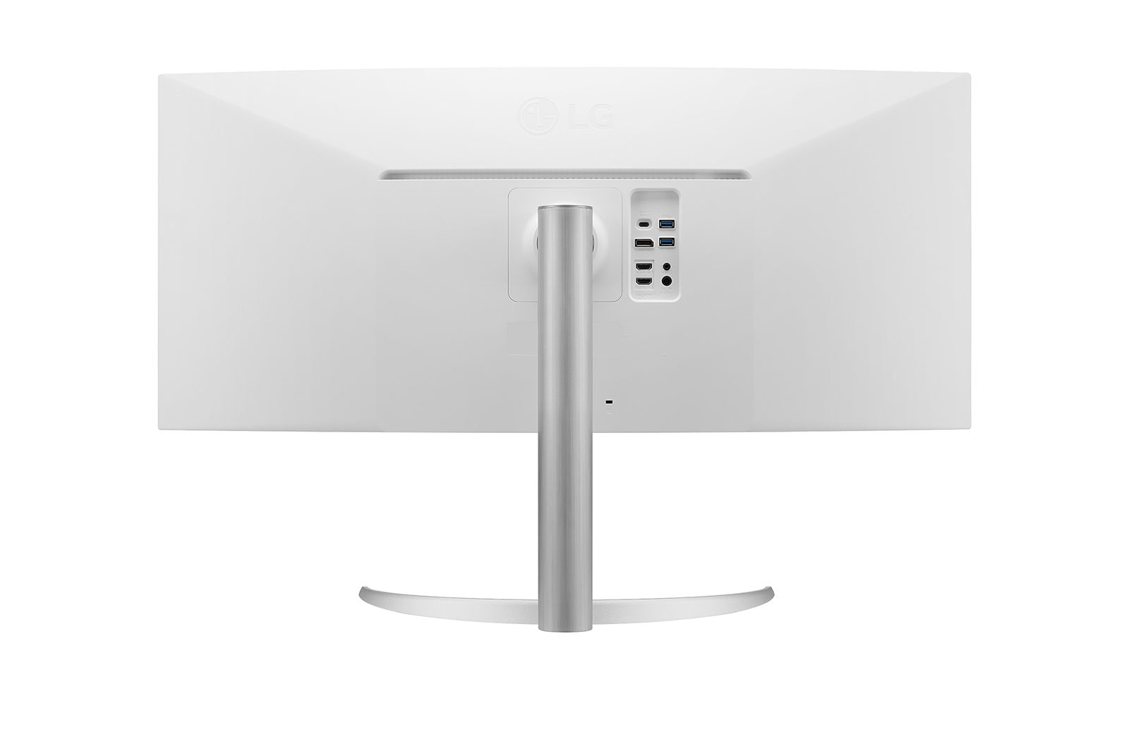 Tył białego monitora LG ze srebrną podstawą. Posiada porty i złącza z tyłu.