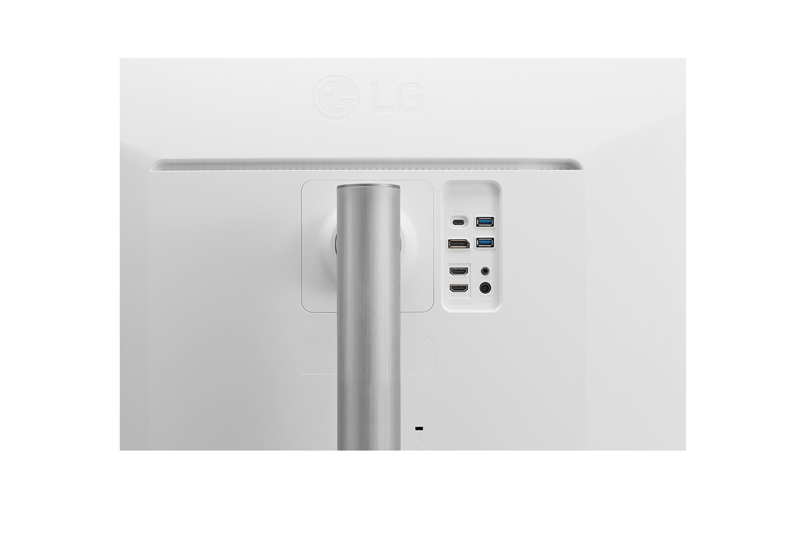 Tył białego monitora LG z portami. Porty obejmują USB, HDMI i inne. Stojak jest srebrny.