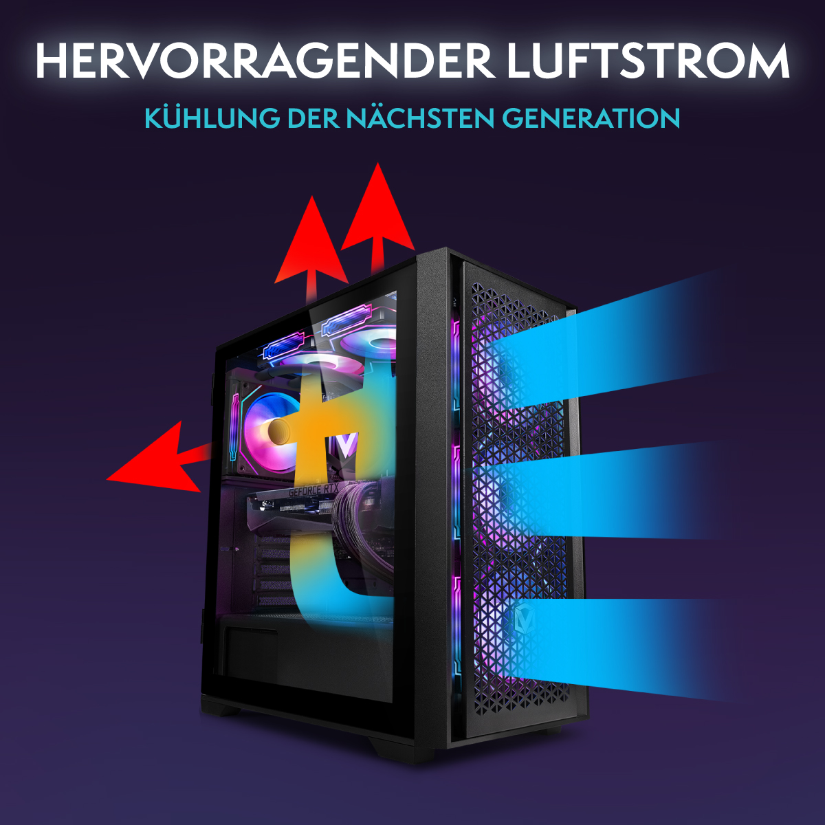 Ein Computergehäuse mit blauen Luftstromgrafiken. Rote Pfeile zeigen die Luftstromrichtung an. Text oben: Hervorragender Luftstrom, Kühlung der nächsten Generation.
