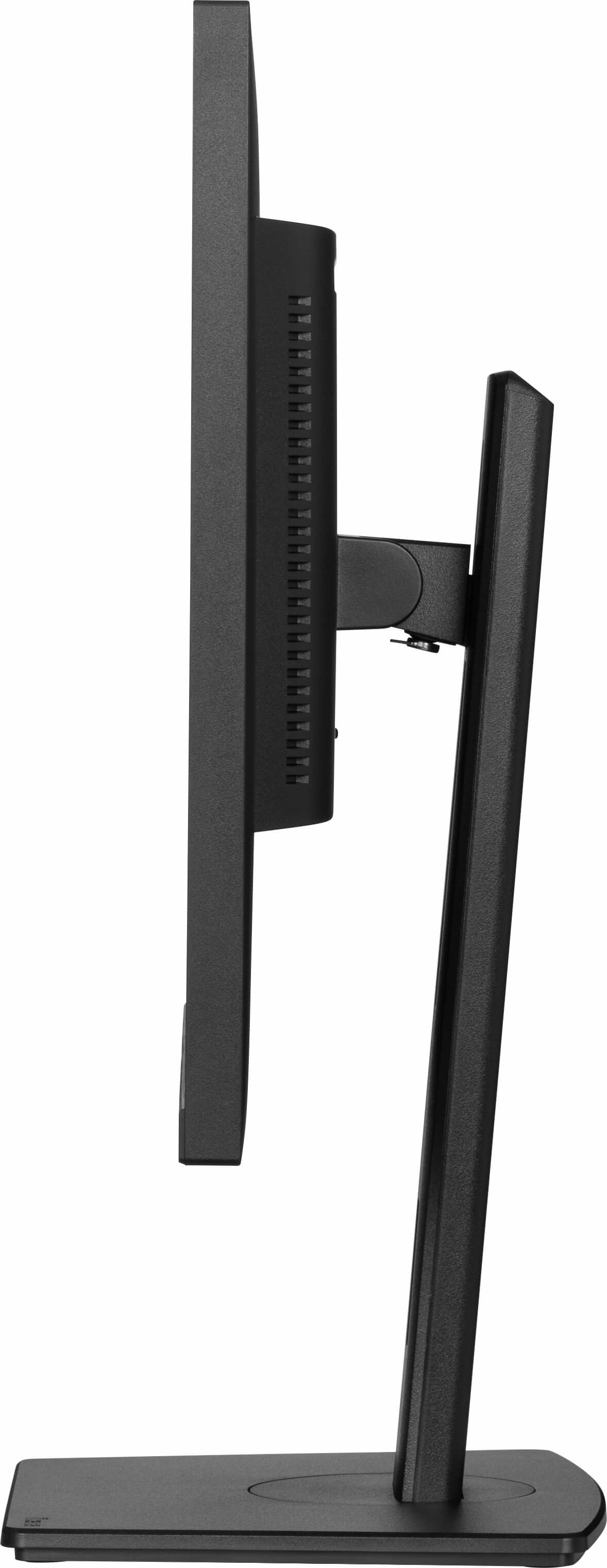 Vue latérale d'un écran d'ordinateur noir. L'écran est vertical, soutenu par un support noir. Fond blanc.
