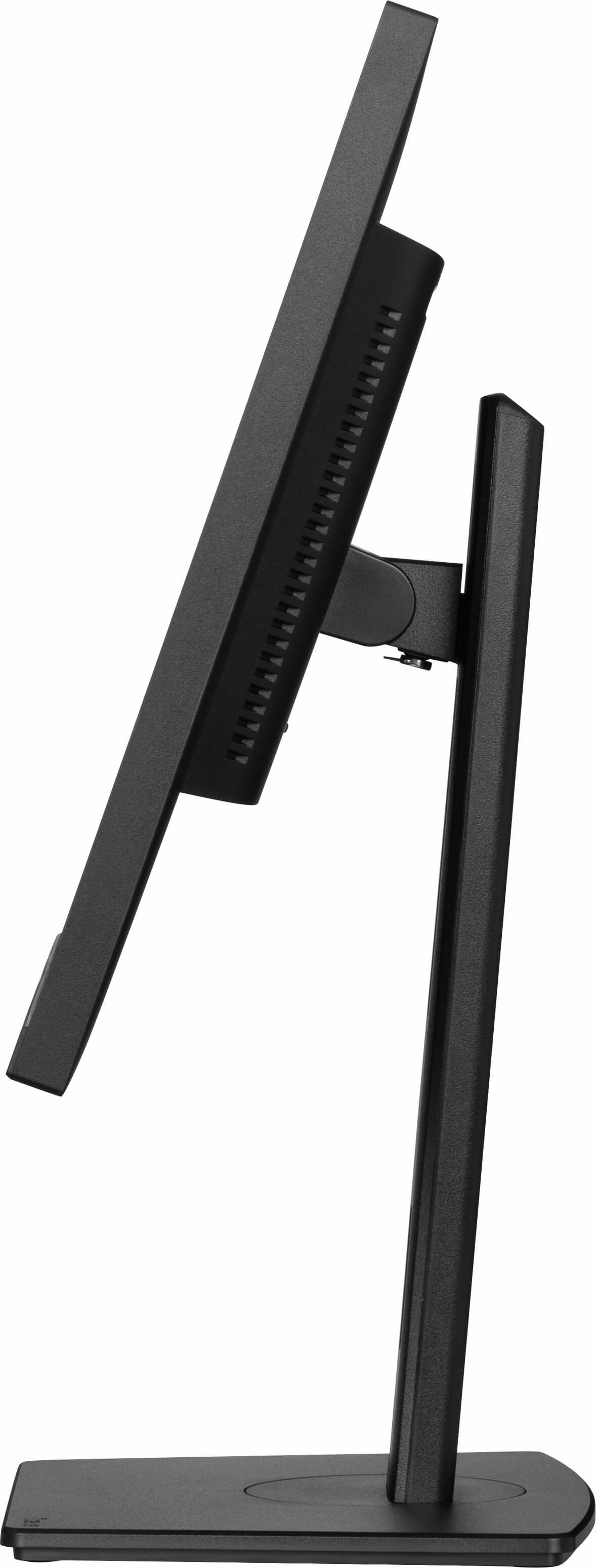 Un écran d'ordinateur noir, incliné, avec un support. Le support se compose d'une base, d'un support vertical et d'une charnière.