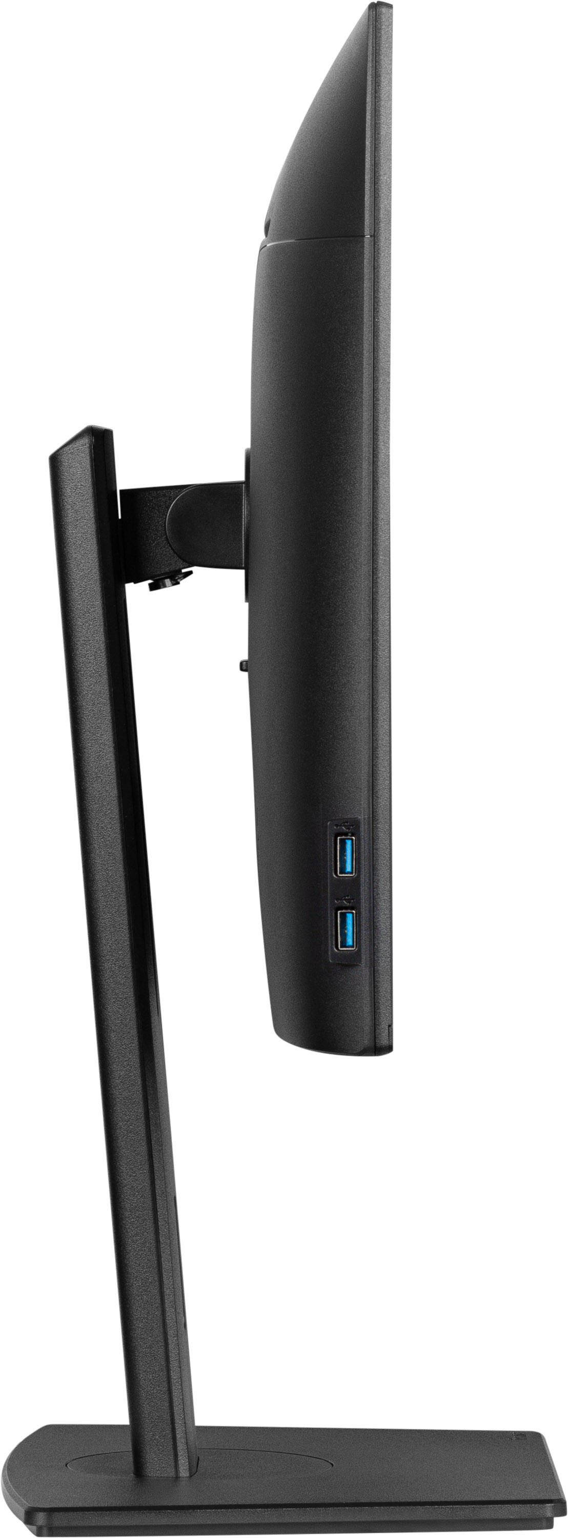 Widok z boku czarnego monitora komputera. Ma podstawę i dwa porty USB. Tło jest białe.