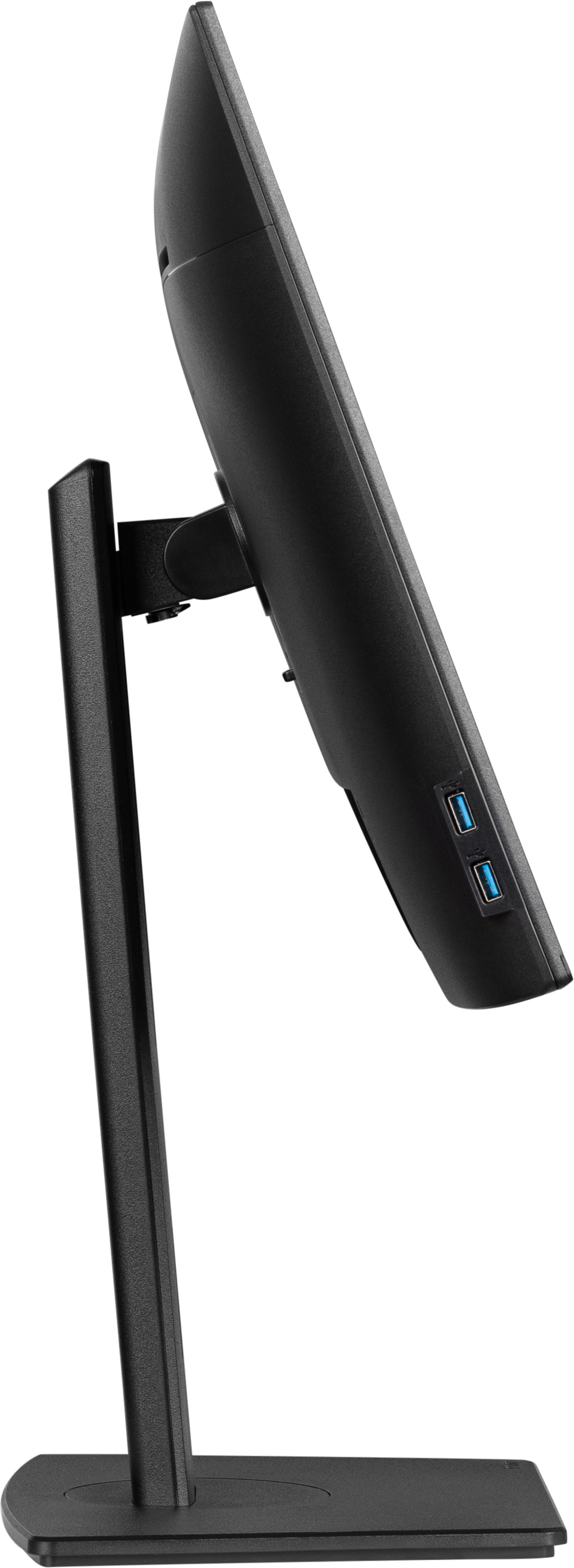 Czarny monitor komputera na stojaku, ustawiony pod kątem. Widoczne są dwa porty USB. Stojak jest również czarny.