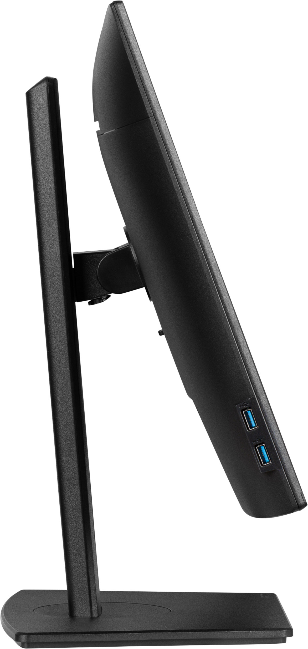 Czarny monitor komputerowy, widok z boku. Posiada podstawkę i porty USB. Ekran jest pod kątem, z teksturowanym wykończeniem.