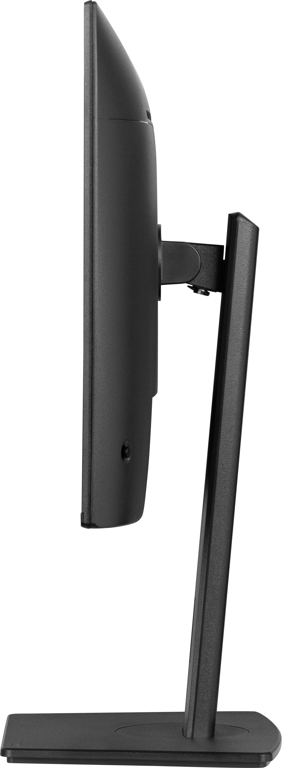 Widok z boku czarnego monitora komputerowego na stojaku. Ekran jest czarny, a stojak ma podstawę i wspornik.