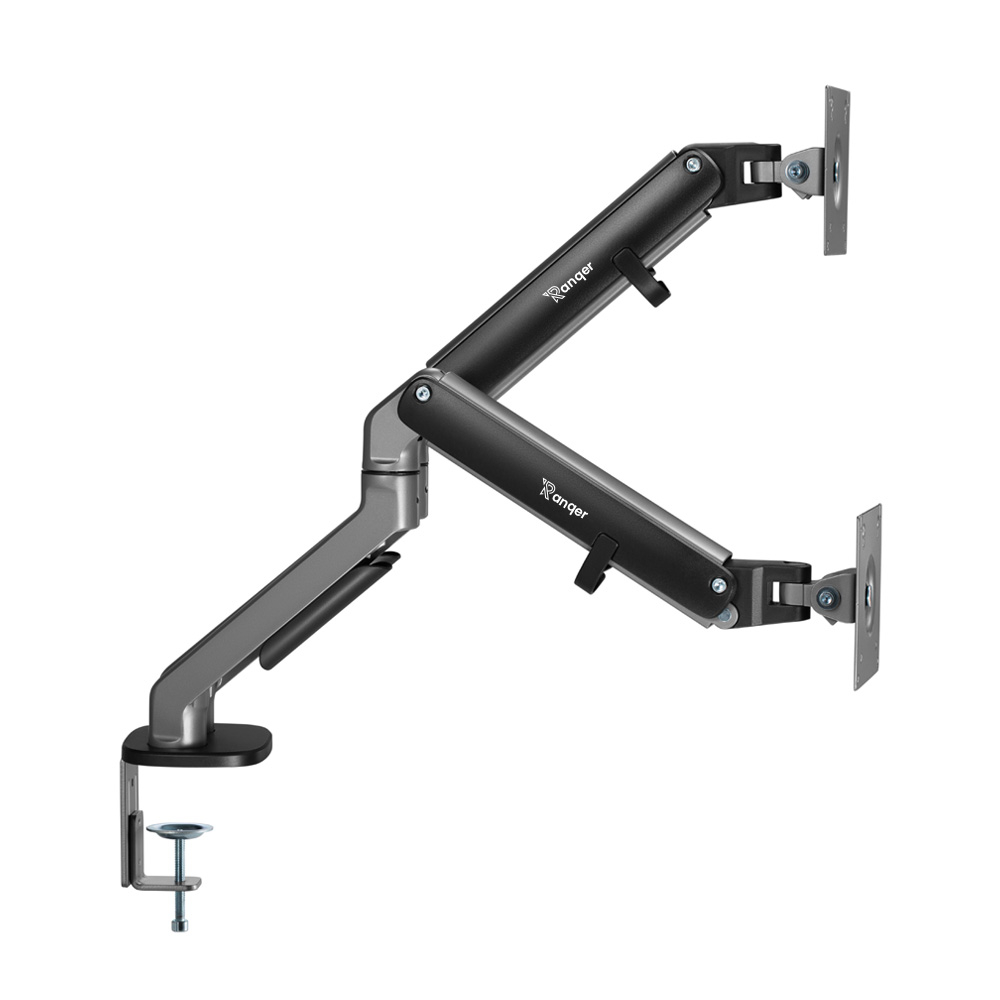 A black and gray monitor arm with the brand name 'Ranger' is displayed. It is mounted on a white surface and has two mounting plates.