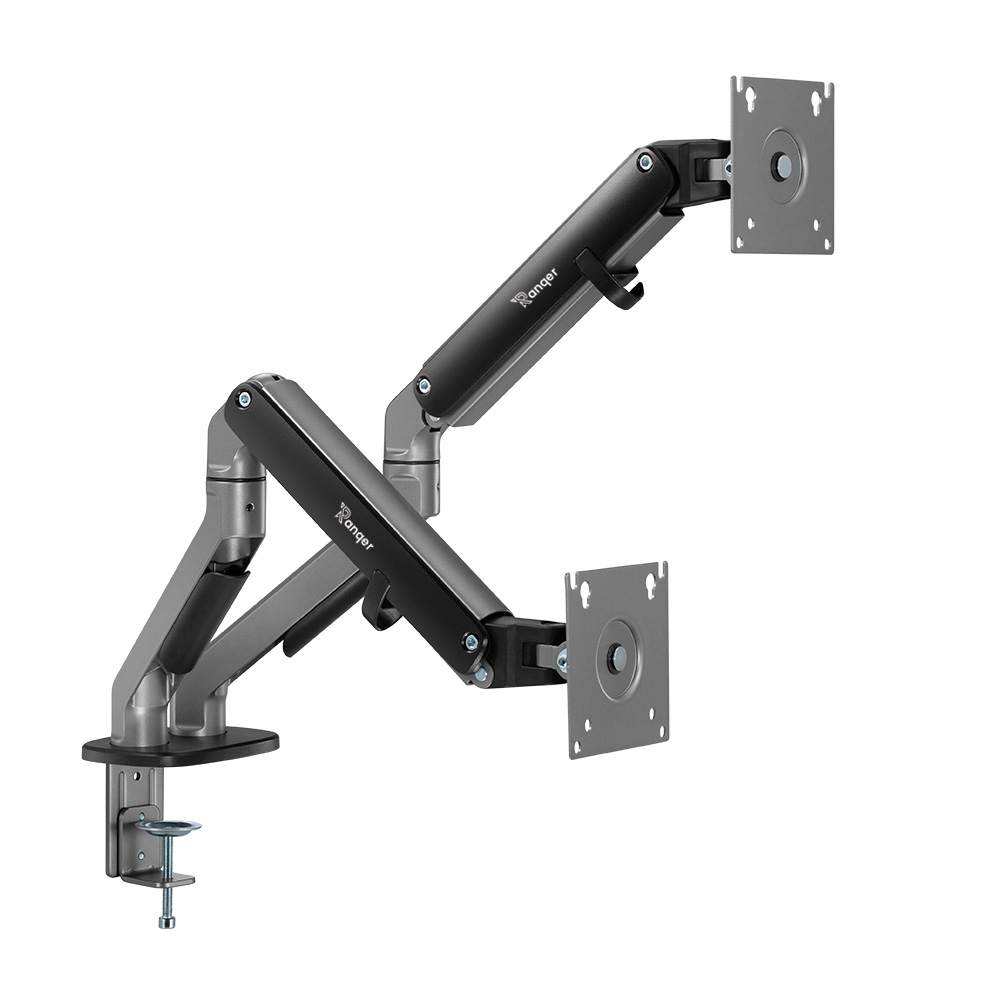 A dual monitor arm mount, black and silver. It has two arms with plates for monitors and a clamp for desk mounting.