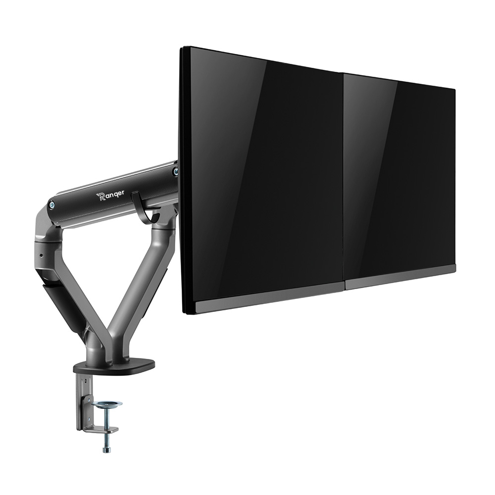A dual monitor arm with two black screens. The arm is gray, with the brand Ranger visible. The base is a clamp.