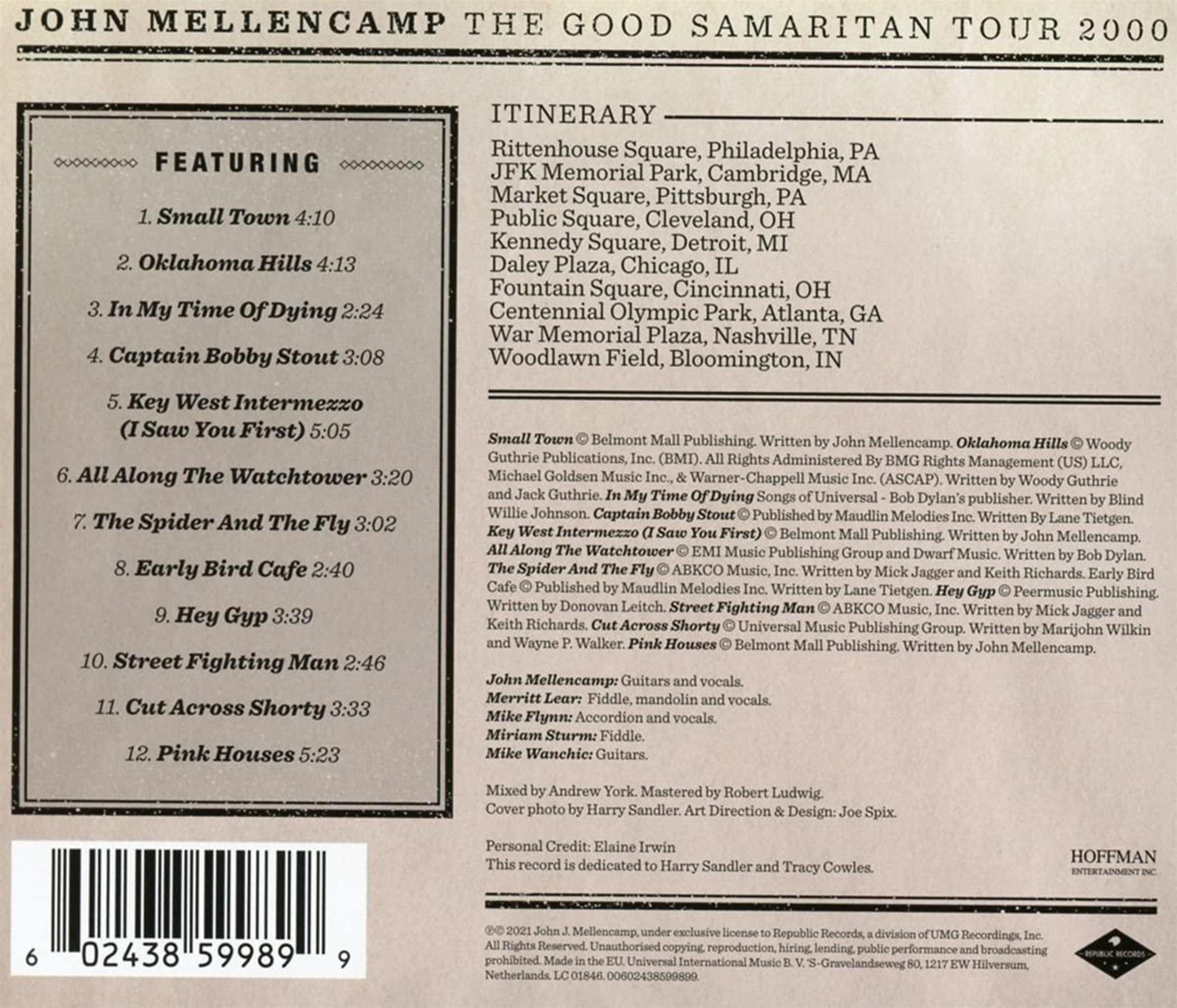 Album cover with tracklist and tour dates. Features John Mellencamp. Text on a beige background.
