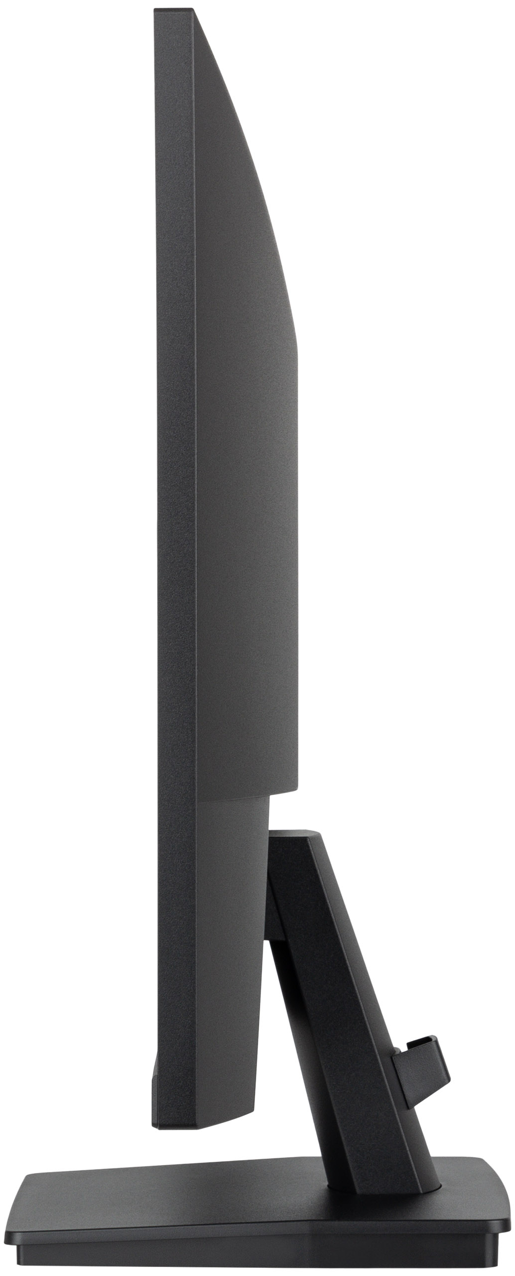 Widok z boku czarnego monitora komputera, pokazujący ekran, podstawę i podstawę. Tło jest białe.