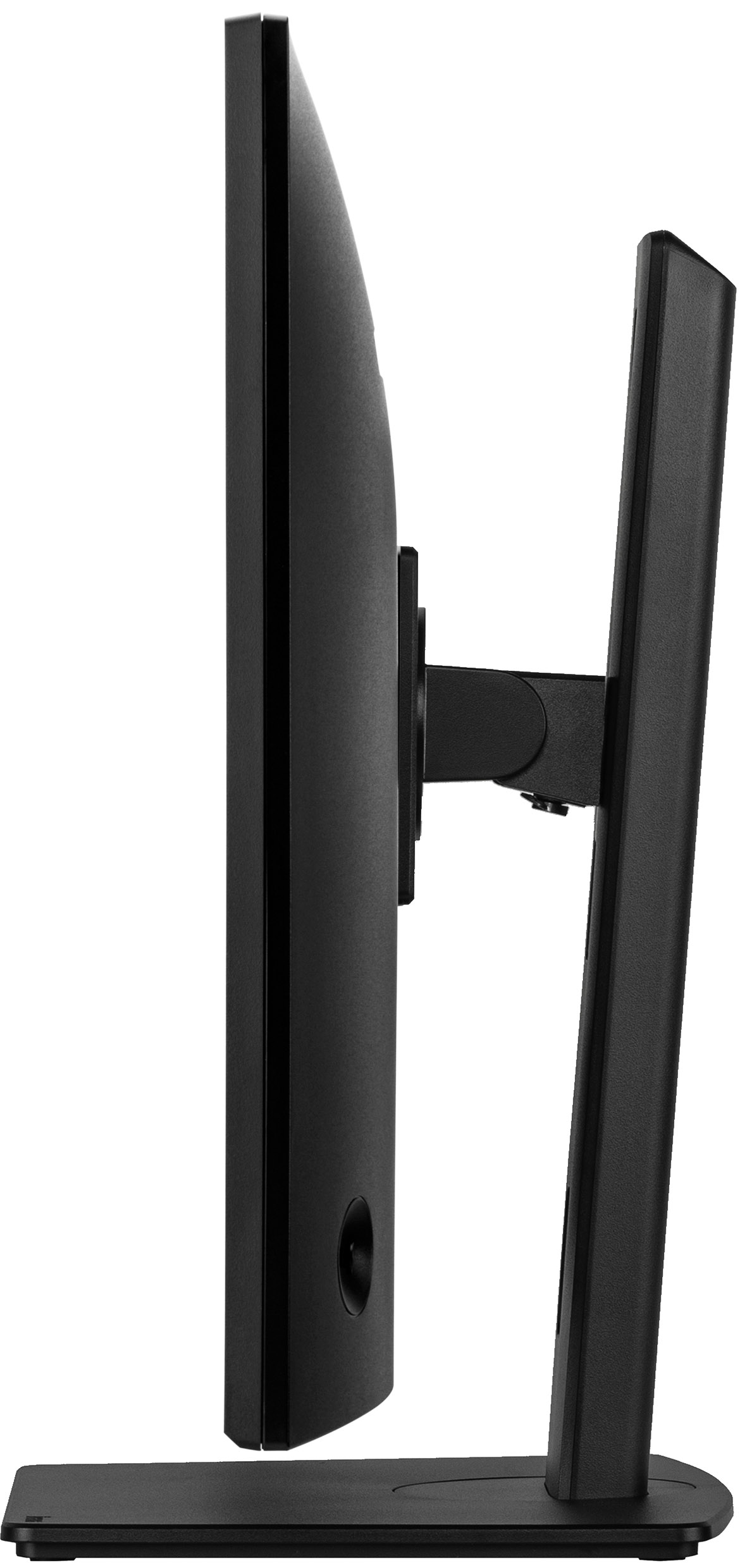 Czarny monitor komputera jest pokazany z boku, ze stojakiem. Monitor jest prostokątny i ma cienką ramkę.