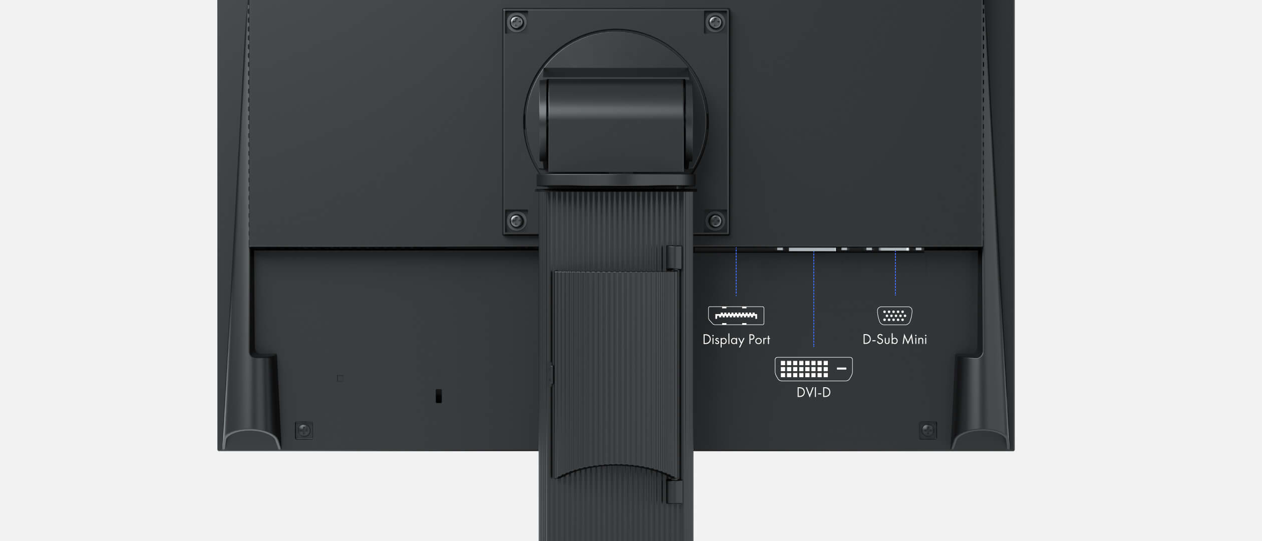 Rückseite eines schwarzen Monitors mit Anschlüssen: Displayport, D-Sub Mini und DVI-D. Der Monitor hat einen Ständer.