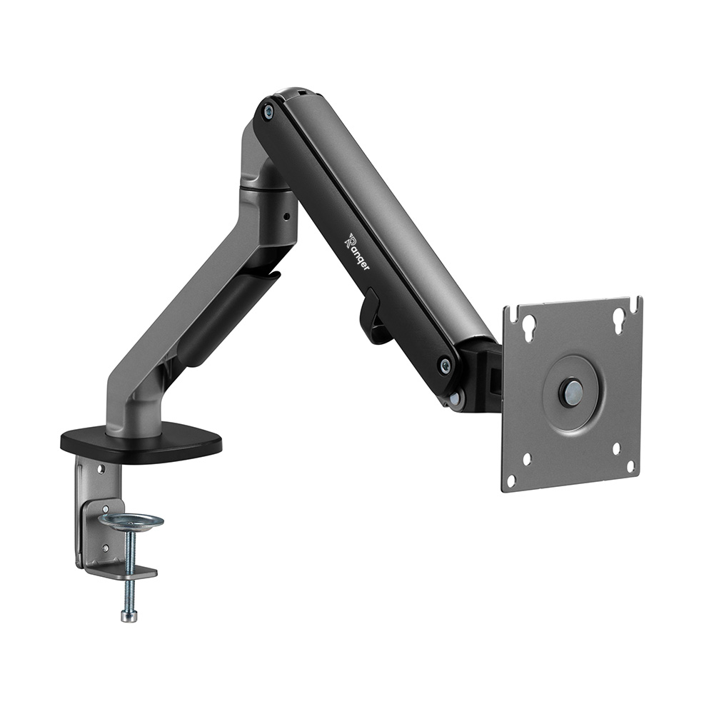 Ein grauer und schwarzer Monitorarm. Er wird mit einer Klemme befestigt und hat mehrere Gelenke. Der Arm hält eine quadratische Platte für einen Monitor.