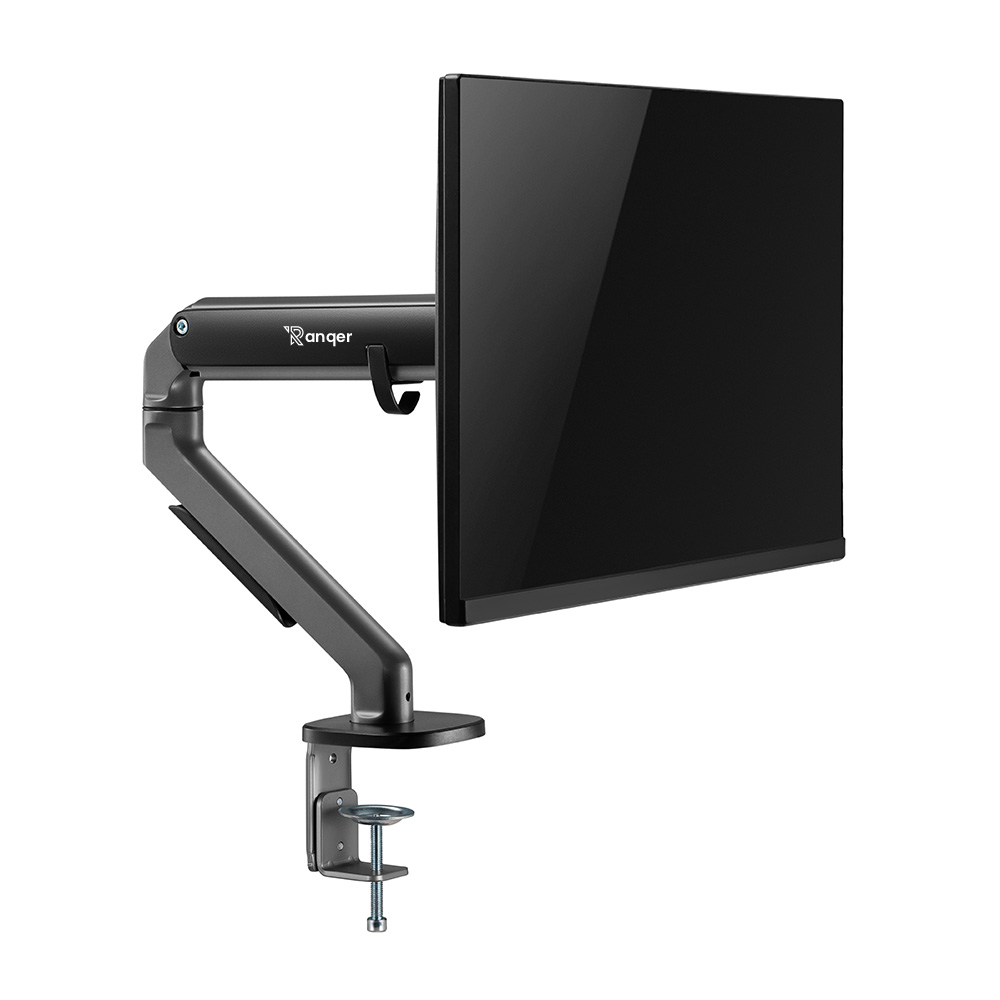 Ein schwarzer Computermonitor ist an einem grauen Arm montiert. Der Arm wird an einer Oberfläche befestigt. Der Markenname 'Ranger' ist sichtbar.