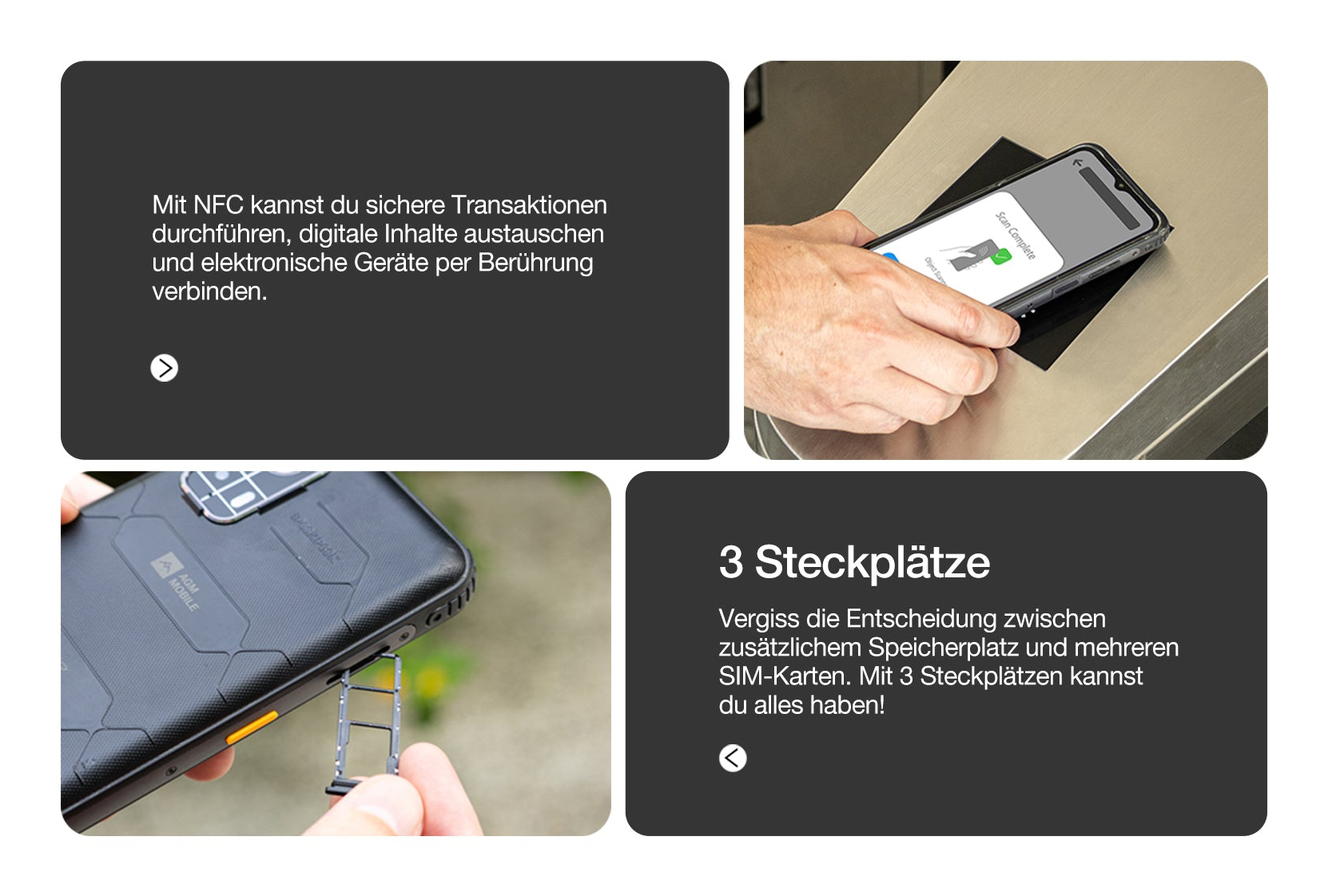 Ein Telefon wird gescannt. Eine Hand hält das Telefon. Der Bildschirm zeigt 'Scan Complete'.