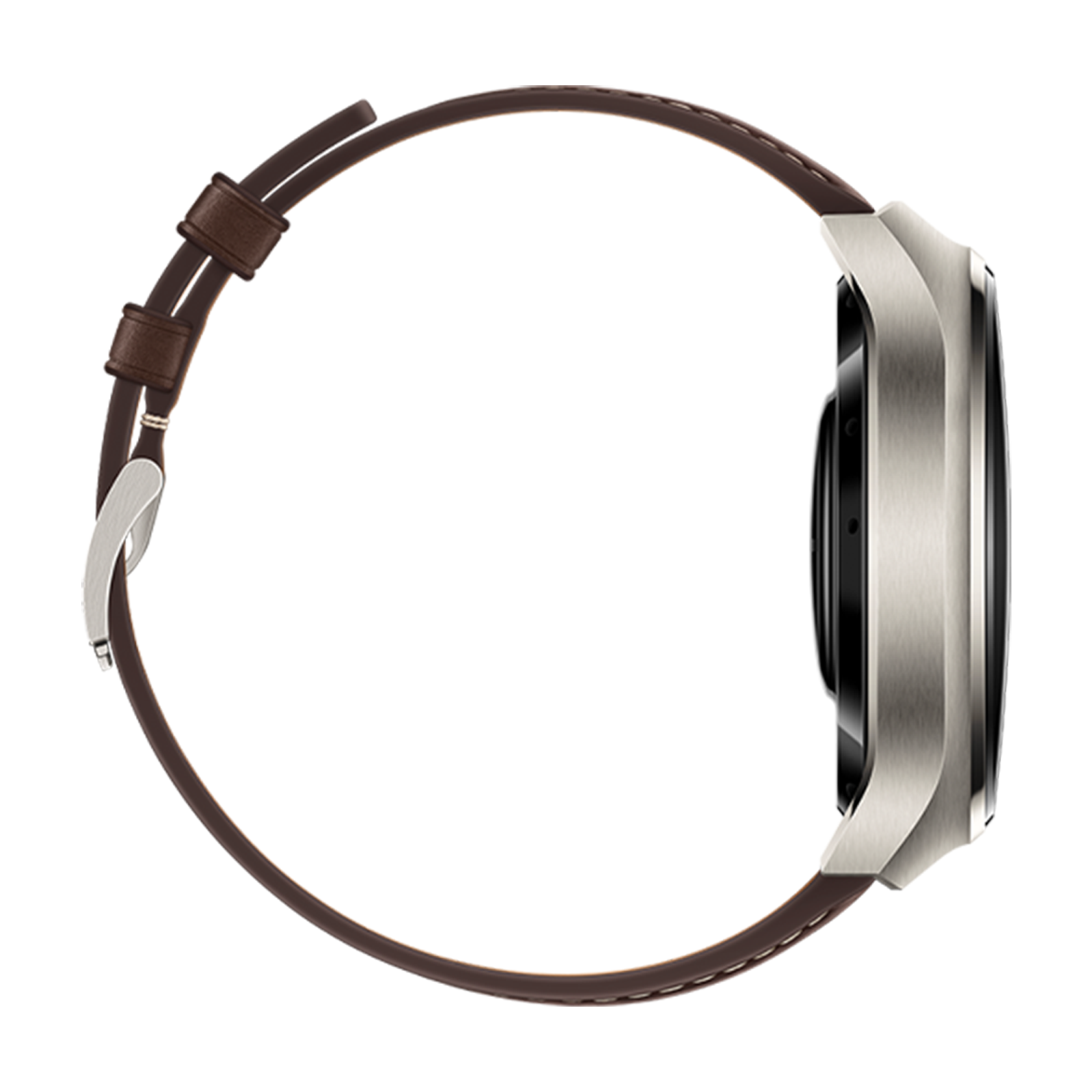 Widok z boku srebrnego smartwatcha z brązowym skórzanym paskiem. Tarcza zegarka jest czarna.