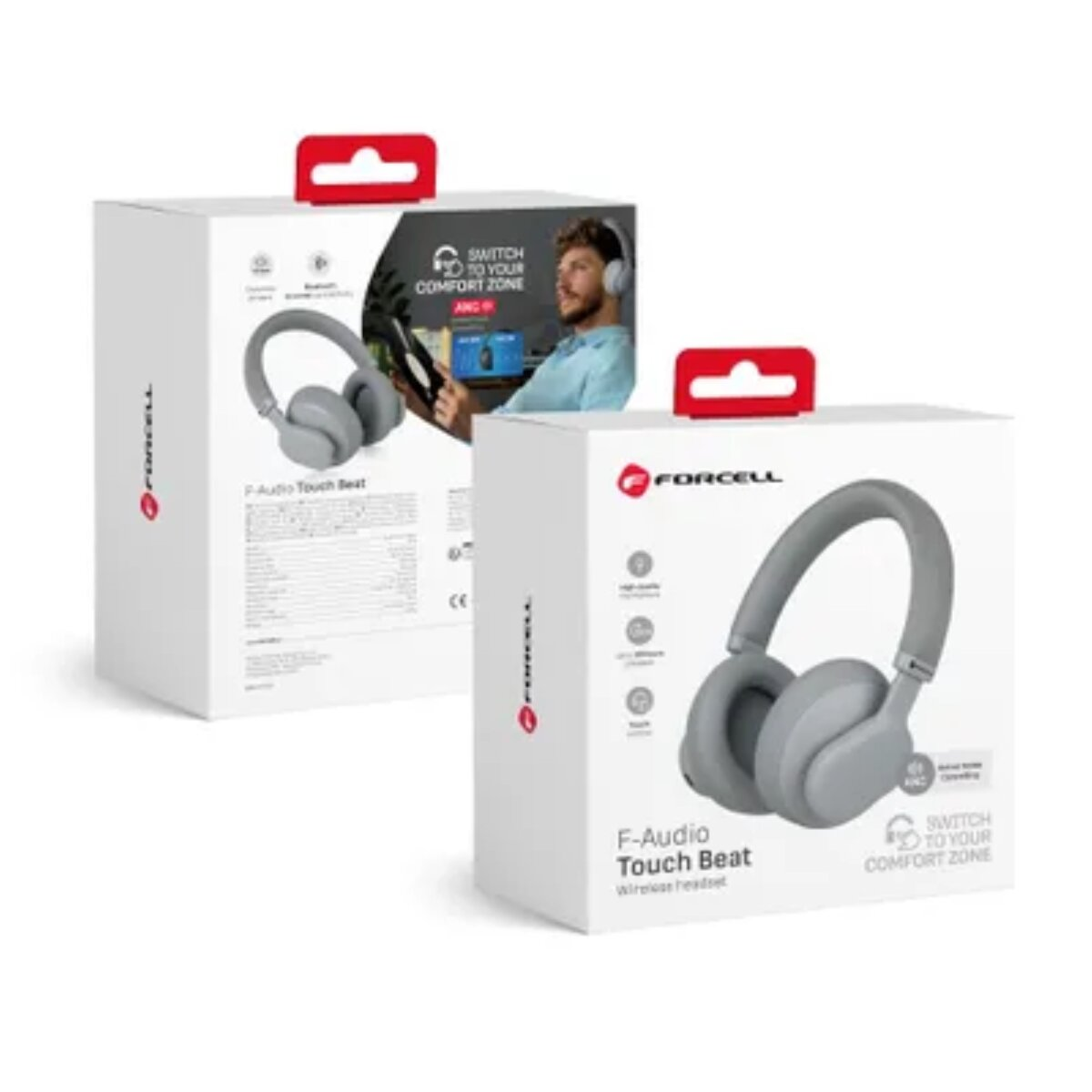 Zwei Schachteln grauer Kopfhörer mit roten Griffen. Eine Schachtel zeigt einen Mann, der die Kopfhörer benutzt. Auf der Schachtel steht F-Audio Touch Beat.