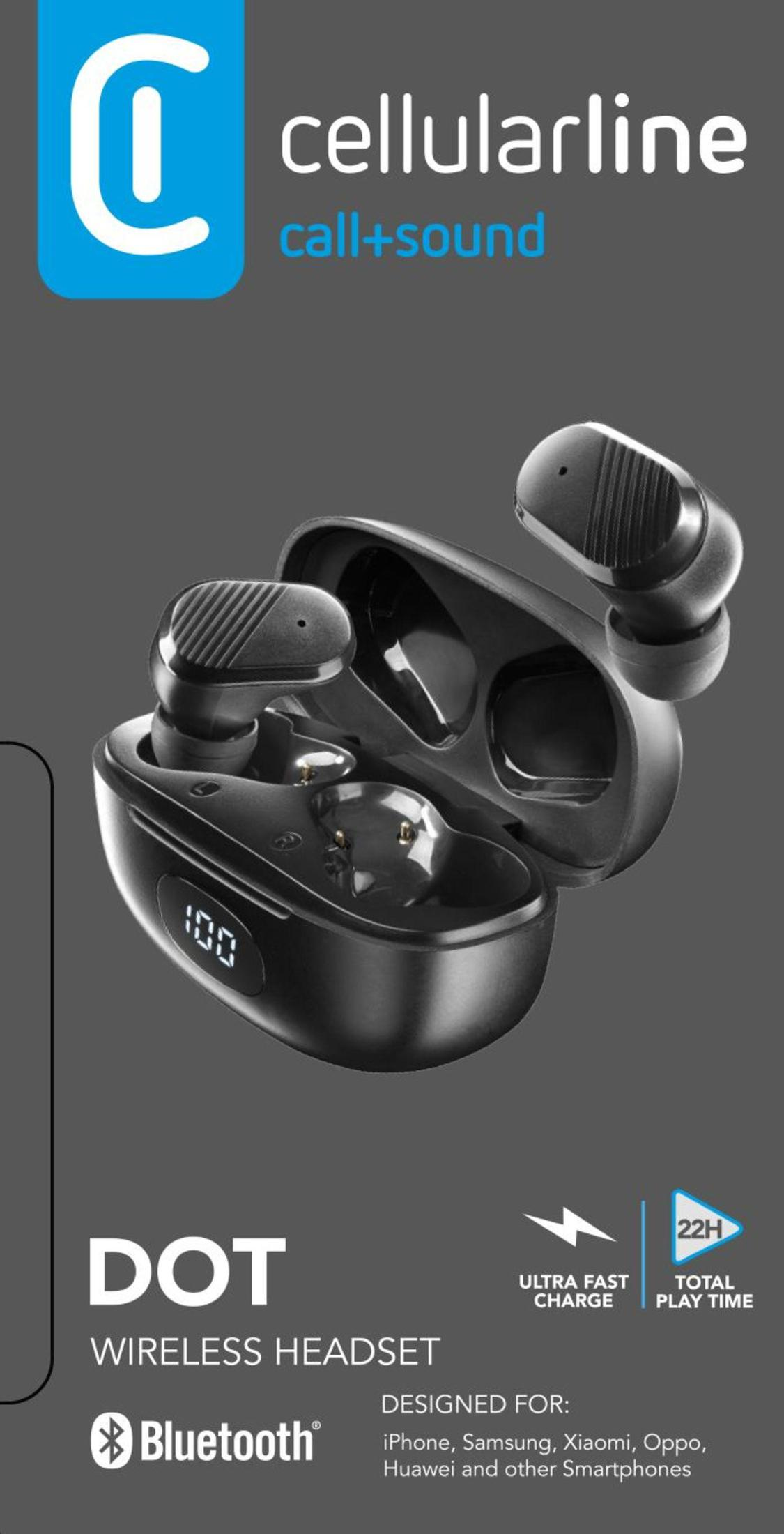 Auricolari wireless neri in una custodia di ricarica con display digitale. Il testo recita 'DOT Wireless Headset' e 'Bluetooth'.