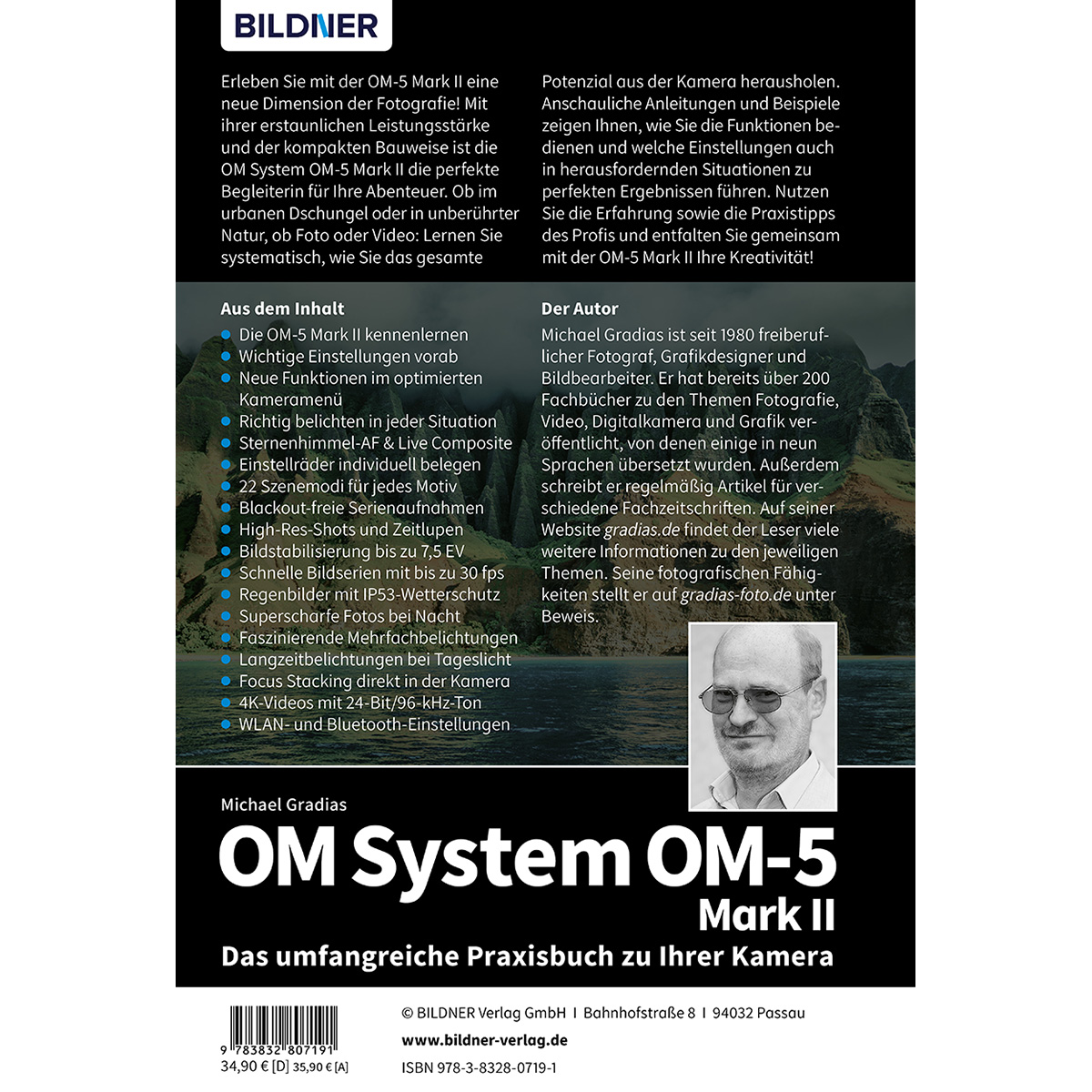 Buchcover mit Text: OM System OM-5 Mark II und ein Porträt des Autors. Das Buch handelt von Fotografie.