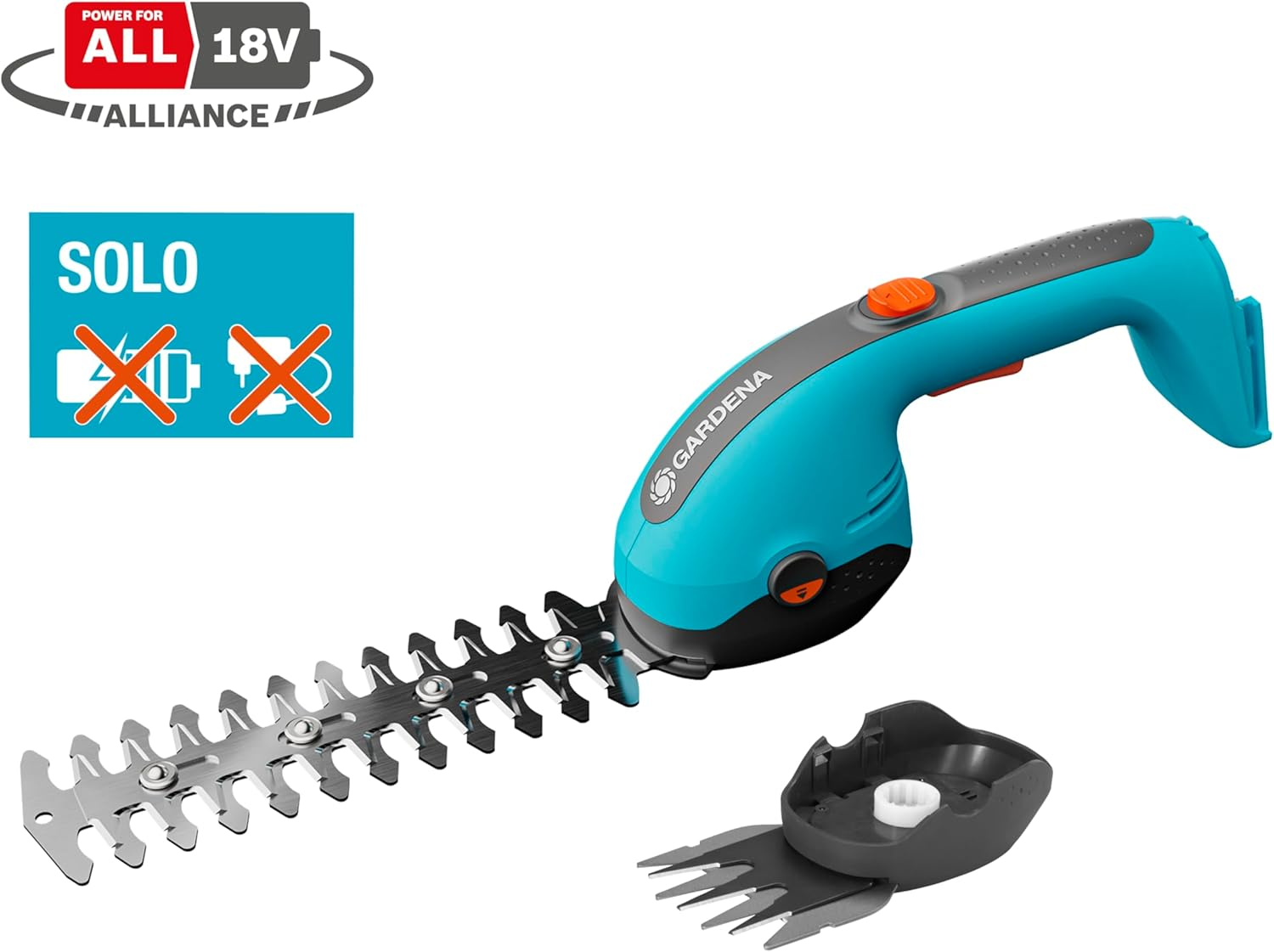 Niebiesko-szare nożyce do żywopłotu Gardena z czarnym ostrzem. Ma czerwony przycisk i napis 'SOLO'.